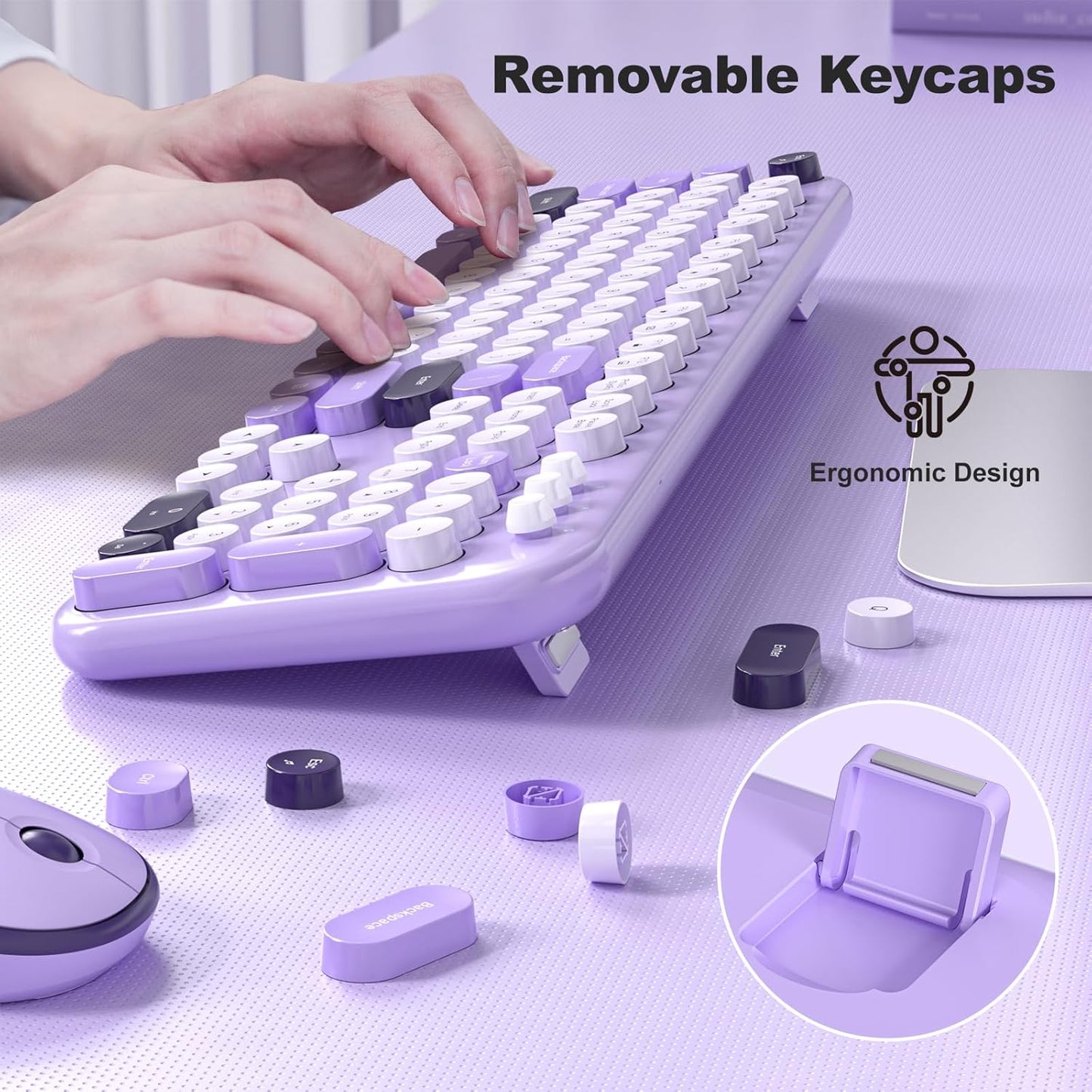 MOFII Wireless Keyboard and Mouse, Retro Typewriter Keyboard and Silent Mouse, 2.4GHz Full Size Keyboard and Mouse Wireless Combo for Laptop, PC, Desktop, Windows (Violet)