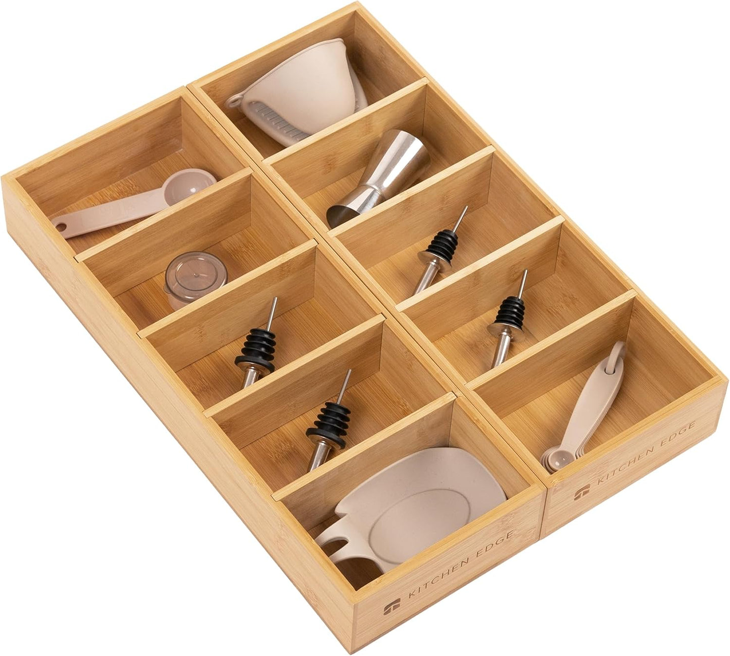 Premium Kitchen Utensils and Junk Drawer Organizer – Small 5-Compartment Design with 4 Removable Dividers, Non-Slip Feet, 100% Sustainable Bamboo, 2 Pack