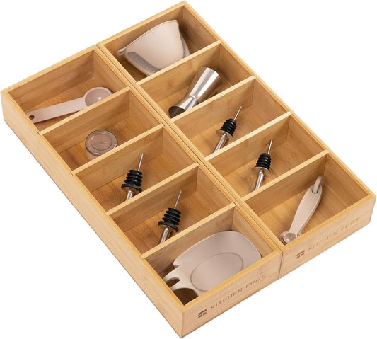 Premium Kitchen Utensils and Junk Drawer Organizer – Small 5-Compartment Design with 4 Removable Dividers, Non-Slip Feet, 100% Sustainable Bamboo, 2 Pack