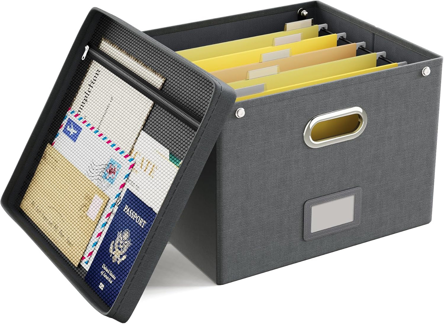 Oterri File Organizer Box with Lid,Large Hanging Filing Box with Mesh Pocket, Document Organizer for Letter Files, Portable Storage Case with Smooth Sliding Rail for Office&Home (1 PCS, Dark grey)