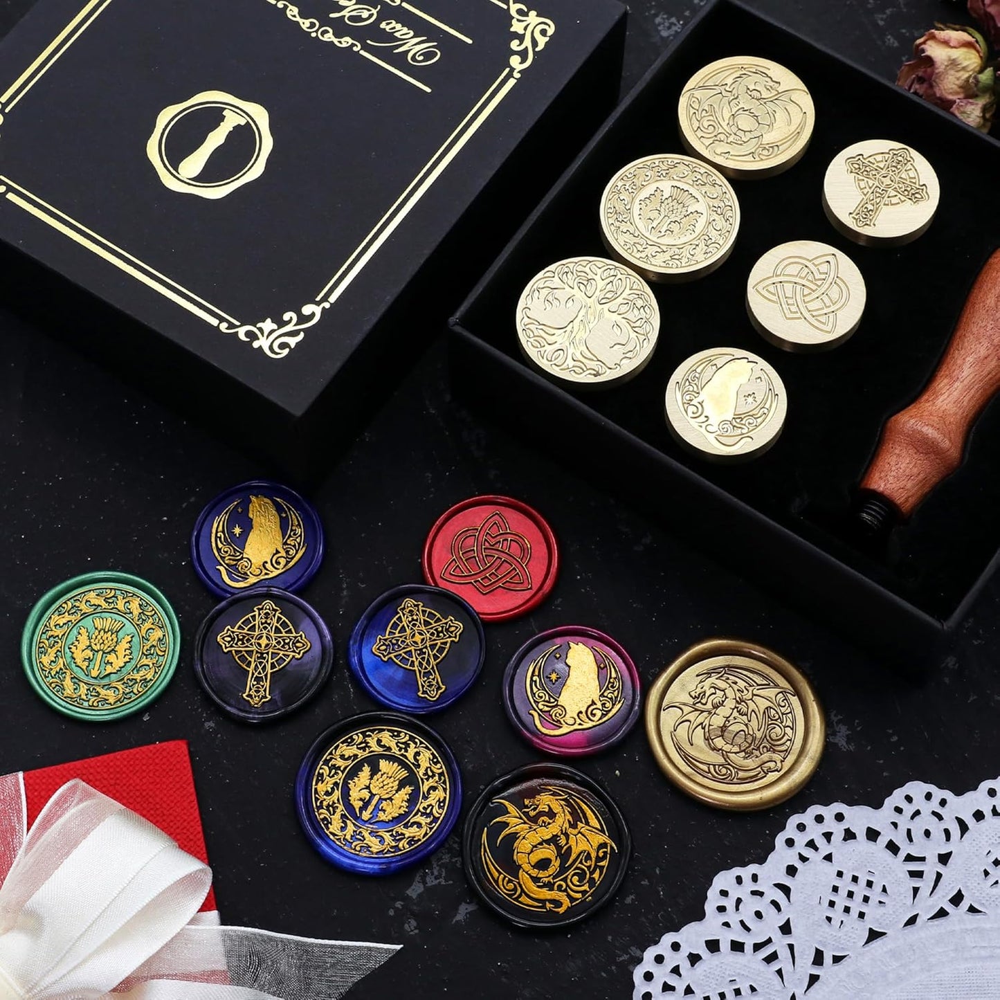 SWANGSA Celtic Wax Seal Stamp Gift Box Set, Vintage 6 Sealing Heads + 1 Wooden Hilt, Wax Stamp Kit for Party Invitations, Envelopes, Cards and Gift Packaging