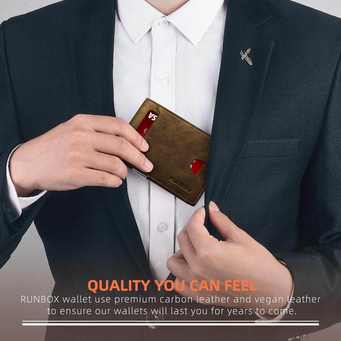 RUNBOX Slim Wallets for Men - Leather Money Clip Mens Wallet - RFID Blocking Front Pocket Bifold Wallet - Minimalist Credit Card Holder with Gift Box