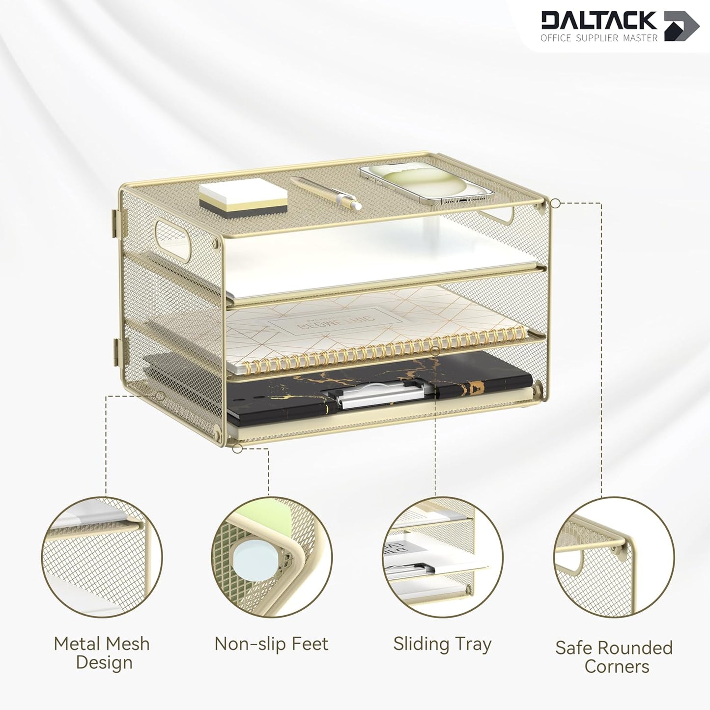 DALTACK 3 Tier Letter Tray Paper Organizer with Handle, Mesh Desk File Organizer, Paper Tray Desk Organizer for School Office Home, Metal Mesh, Golden Yellow