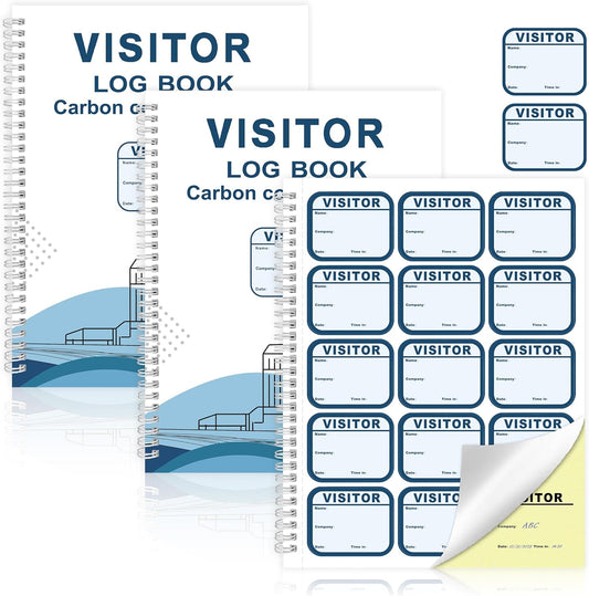 2 Pack of 450 Visitor Badges Registry Log with Carbon Copy Visitor Stickers 8.5x11 Inch Visitor Log Book Extras Protecting Privacy Pages Spiral Bound Self Visitor Badges Guest Register Book (2)