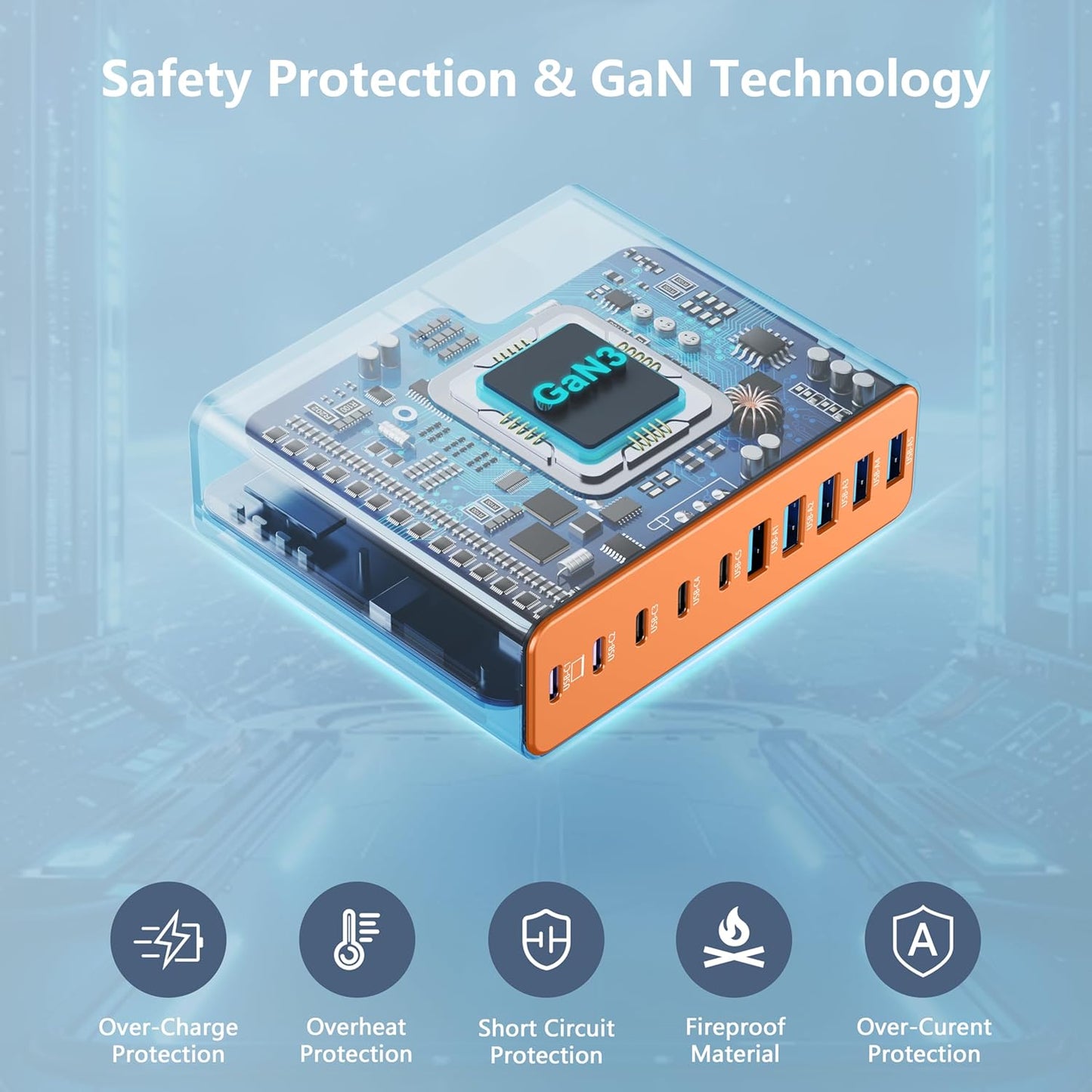 320W USB C Charger Block, 10-Port USB C Charging Station GaN III PD 65W Laptop Fast Charger Adapter for MacBook Pro/Air, DELL, iPad, iPhone, Samsung Galaxy (Orange)