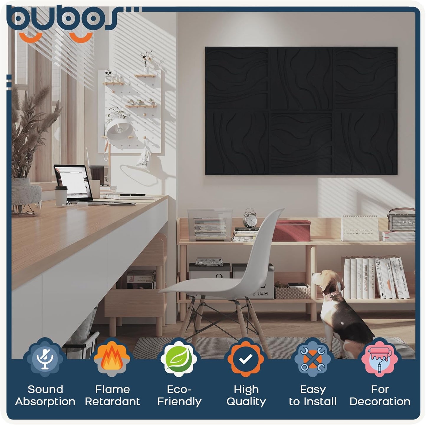BUBOS Large Acoustic Panels, 6-Pack Soundproof Wall Panels Thickened 23.6 x 23.6 Inches, Self-adhesive Sound Absorbing Panels Decorative for Recording Studio Office Home Theater, Black