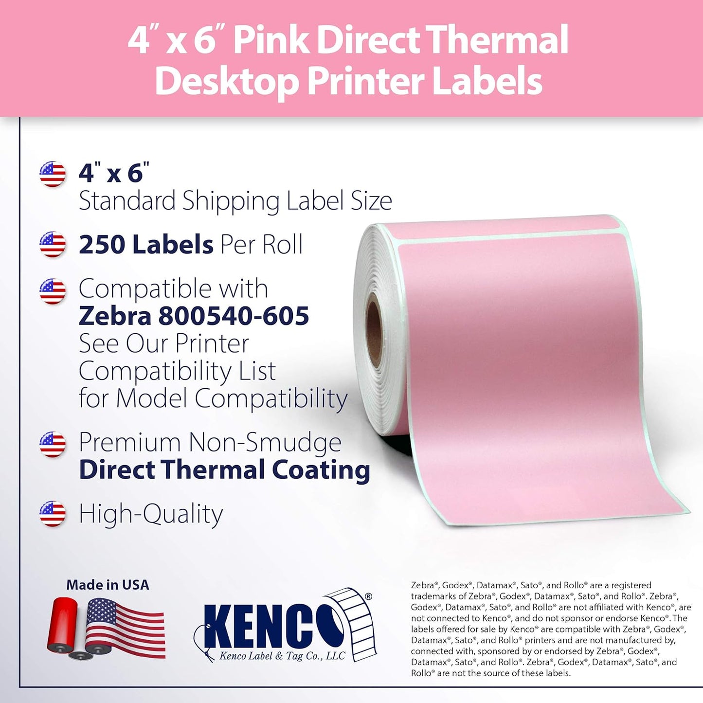 4" X 6" Direct Thermal Perforated Stickers Labels for Shipping Labels, Inventory, and Color Coding - Compatible with Zebra, Rollo, Godex and More (Pink, 12 Rolls)