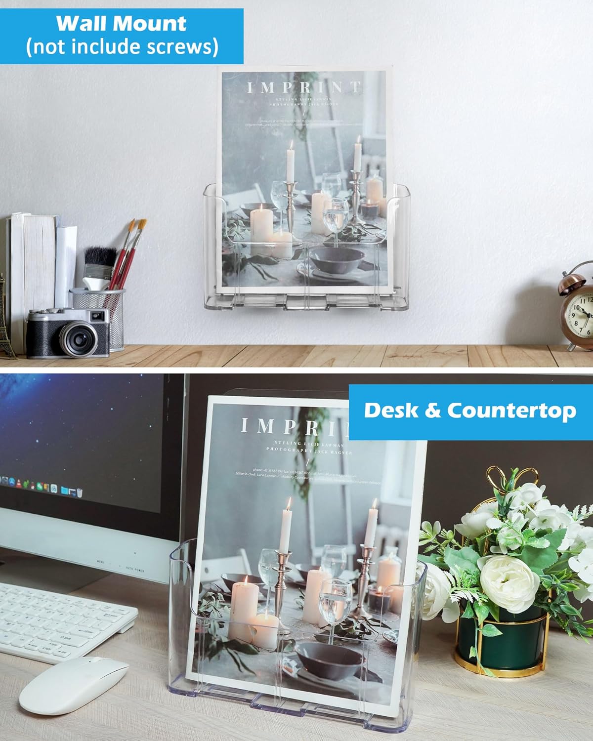 Acrylic Brochure Holder 8.5 x 11 Inch, 2 Packs Acrylic Sign Holder, Brochure Display Stand, Flyer Holder, Magazine Holder, Pamphlet Paper Literature Holder, Menu Stand For Desk or Wall Mount