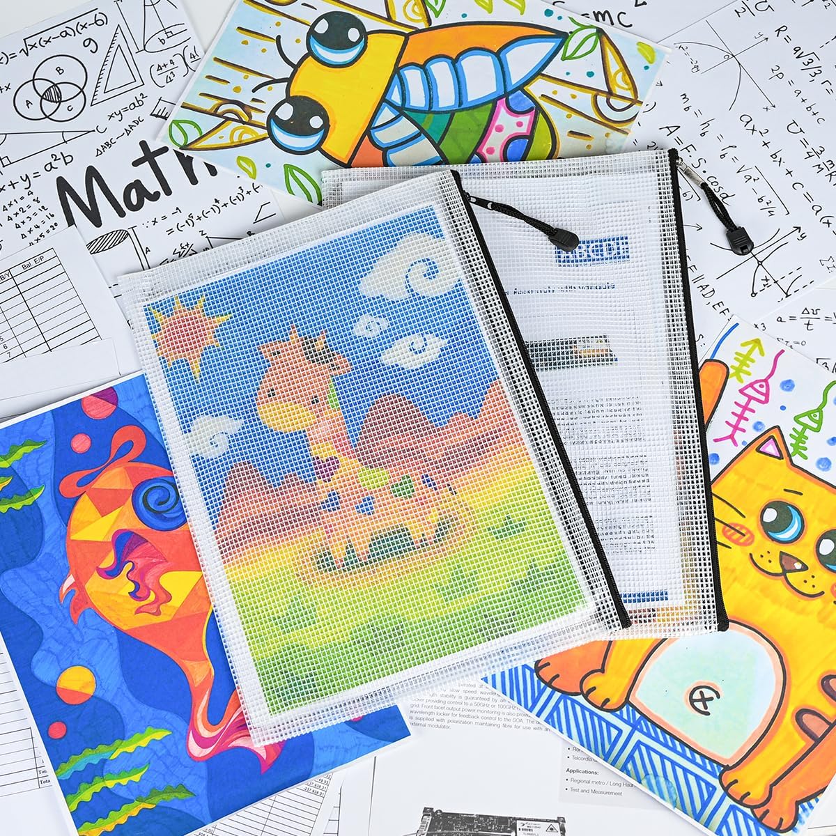 AUSTARK 10 Pcs Zipper File Bags, Waterproof Plastic Mesh Pouch for Office School, Board Game Storage Bags (A4 Size 13.4''x9.4'', White and Black)