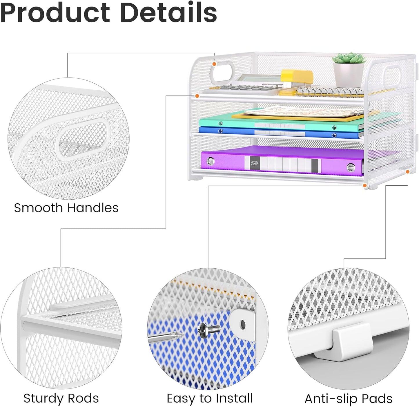 3 Tier Paper Organizer with Handle, Metal Desk Organizer Mesh Paper Letter Tray Desktop File Folder Document Sorter for Classroom, School, Office Accessories Organization and Storage - White