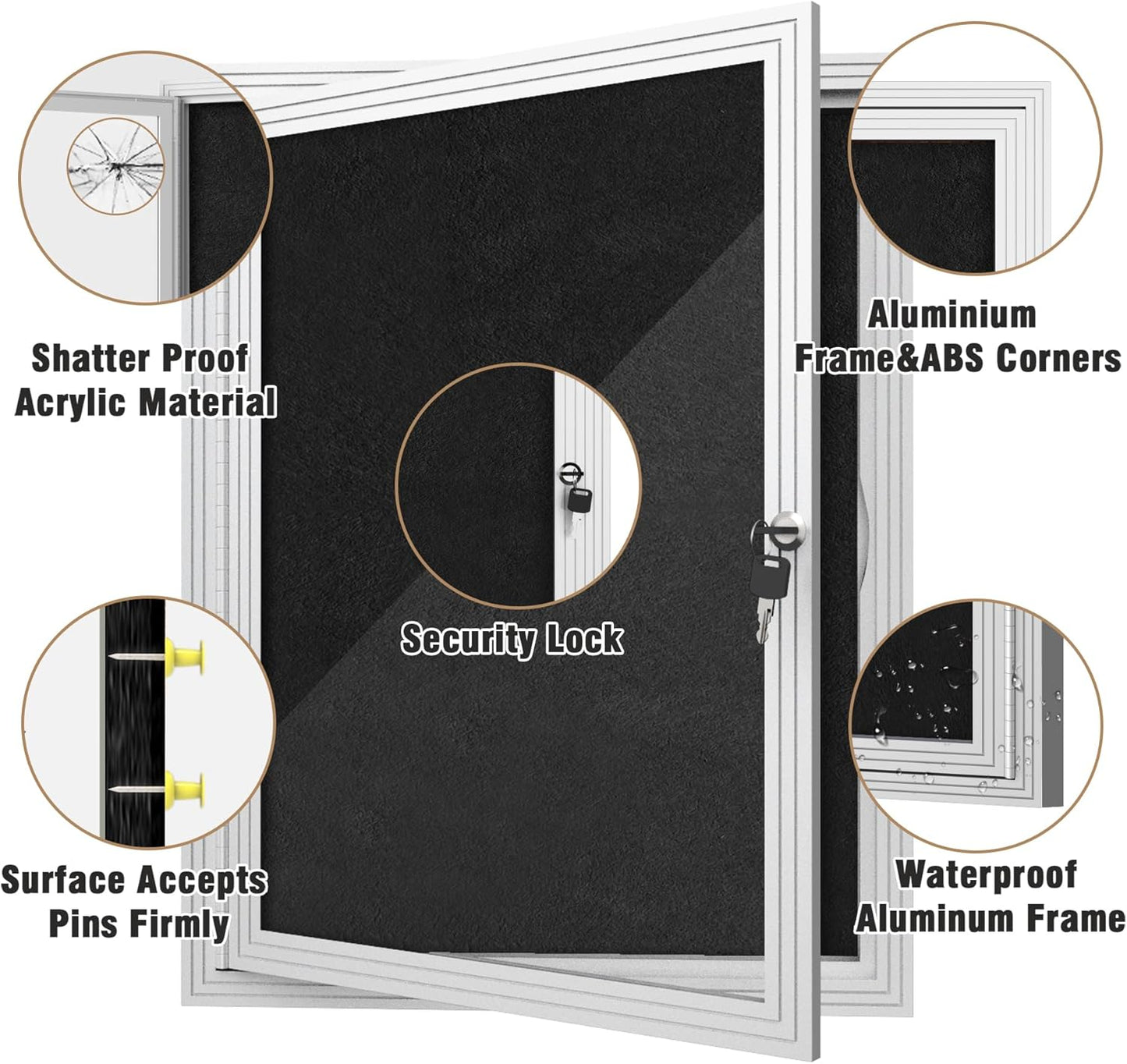 26"x20" Enclosed Bulletin Board, Outdoor Lockable Weather-Resistant Aluminum Cork Noticeboard for School & Office, Silver Frame w/Black Flet