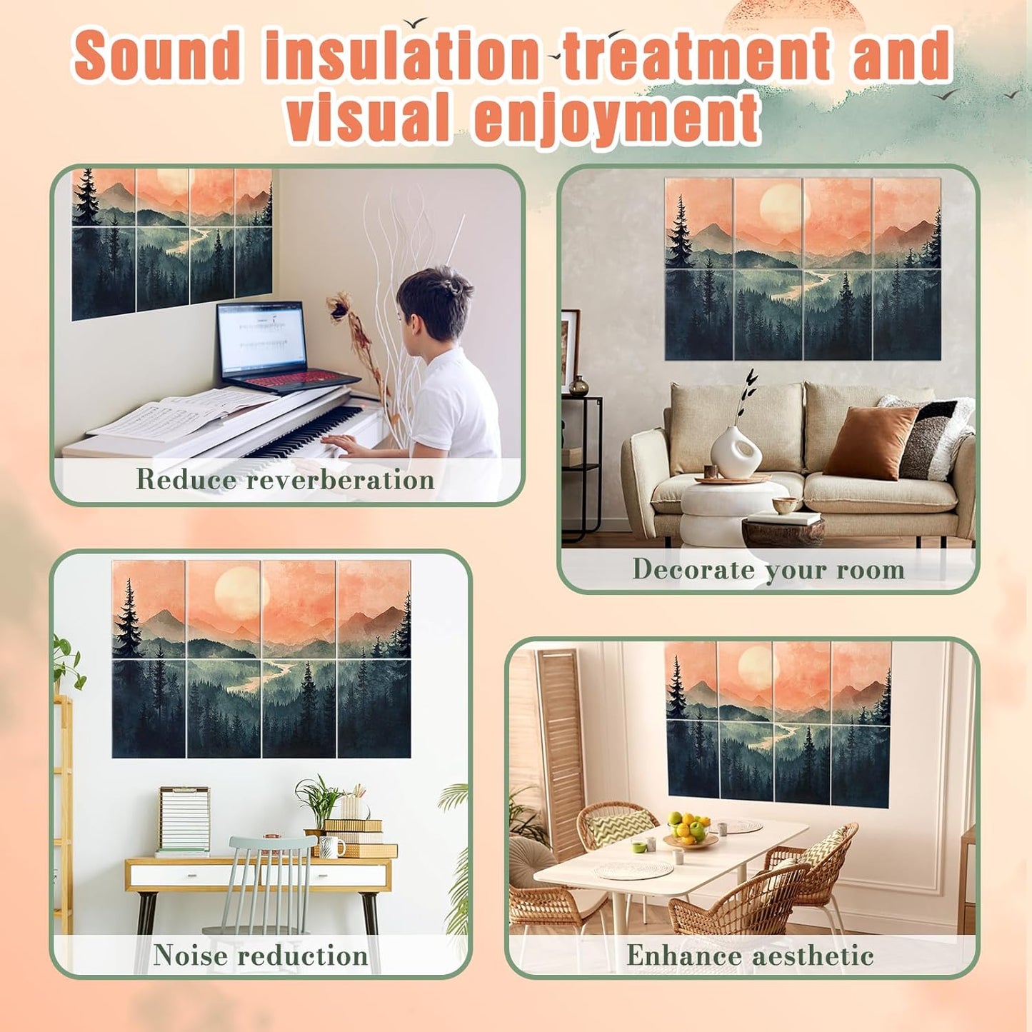 8 Pack 48"x32" Art Acoustic Panels, Self Adhesive Soundproof Wall Decorative Sound Absorbing Panels, High-Density Noise Dampening Canceling Reducing Blocker for Room Office(Setting Sun)