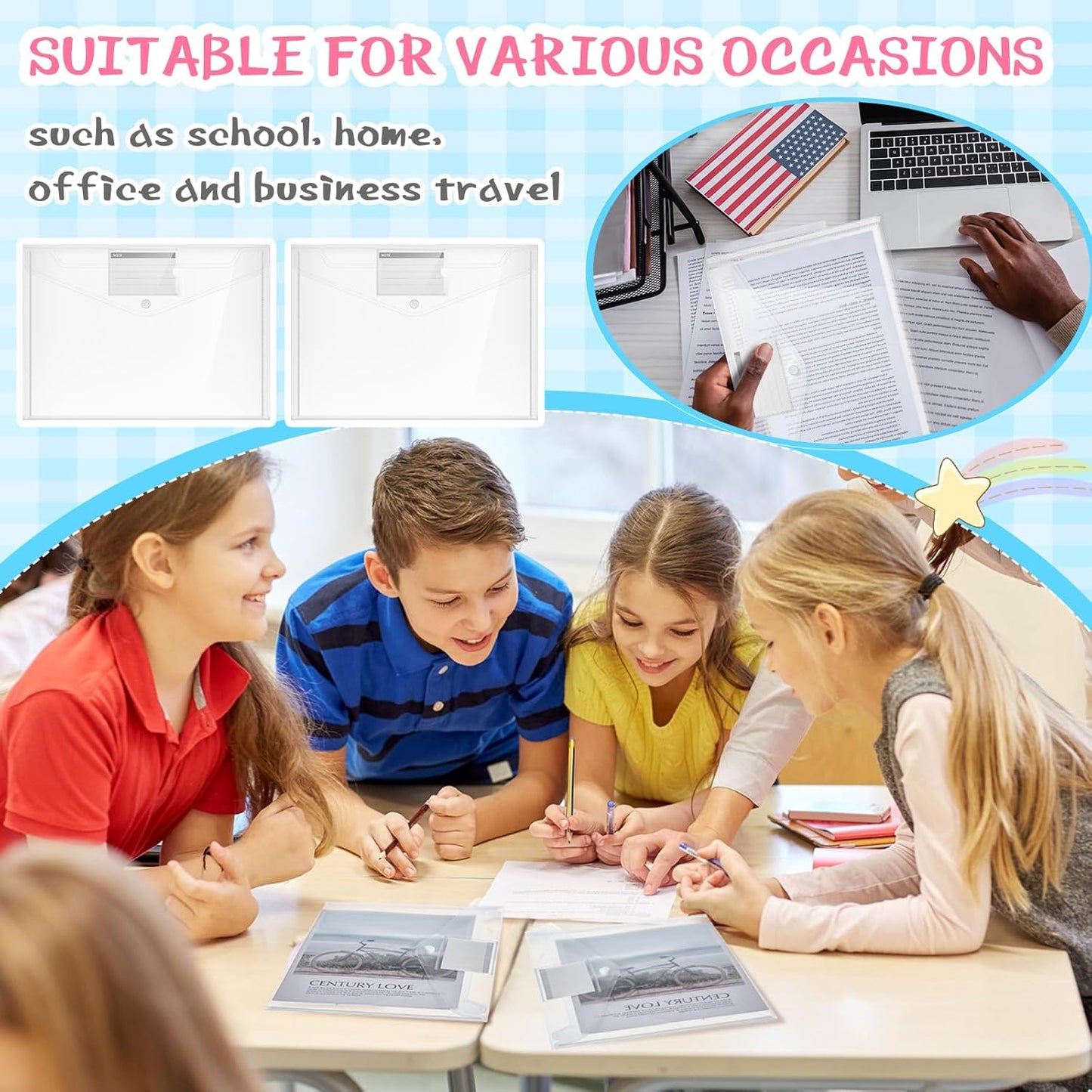 Zhehao 100 Pcs Clear Envelopes with Snap Button Closure A4 Letter Size Plastic Envelope Folder Poly Document File Folders for Home Office(Clear,Pocket Style)