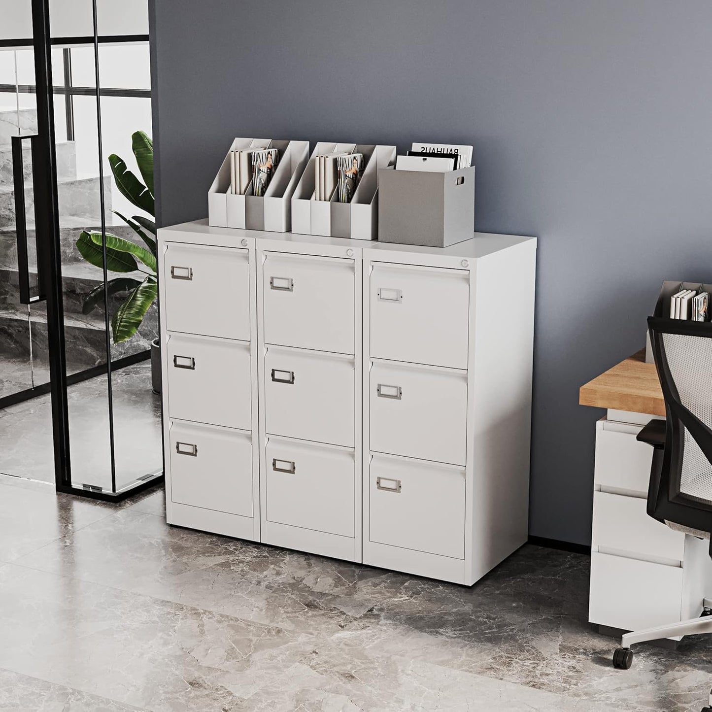 3 Drawers Vertical File Cabinets - 17.8" Deep Lockable Filing Cabinet - White Metal Storage Cabinets for Home Office to Hanging Files Letter/Legal/F4/A4 Size