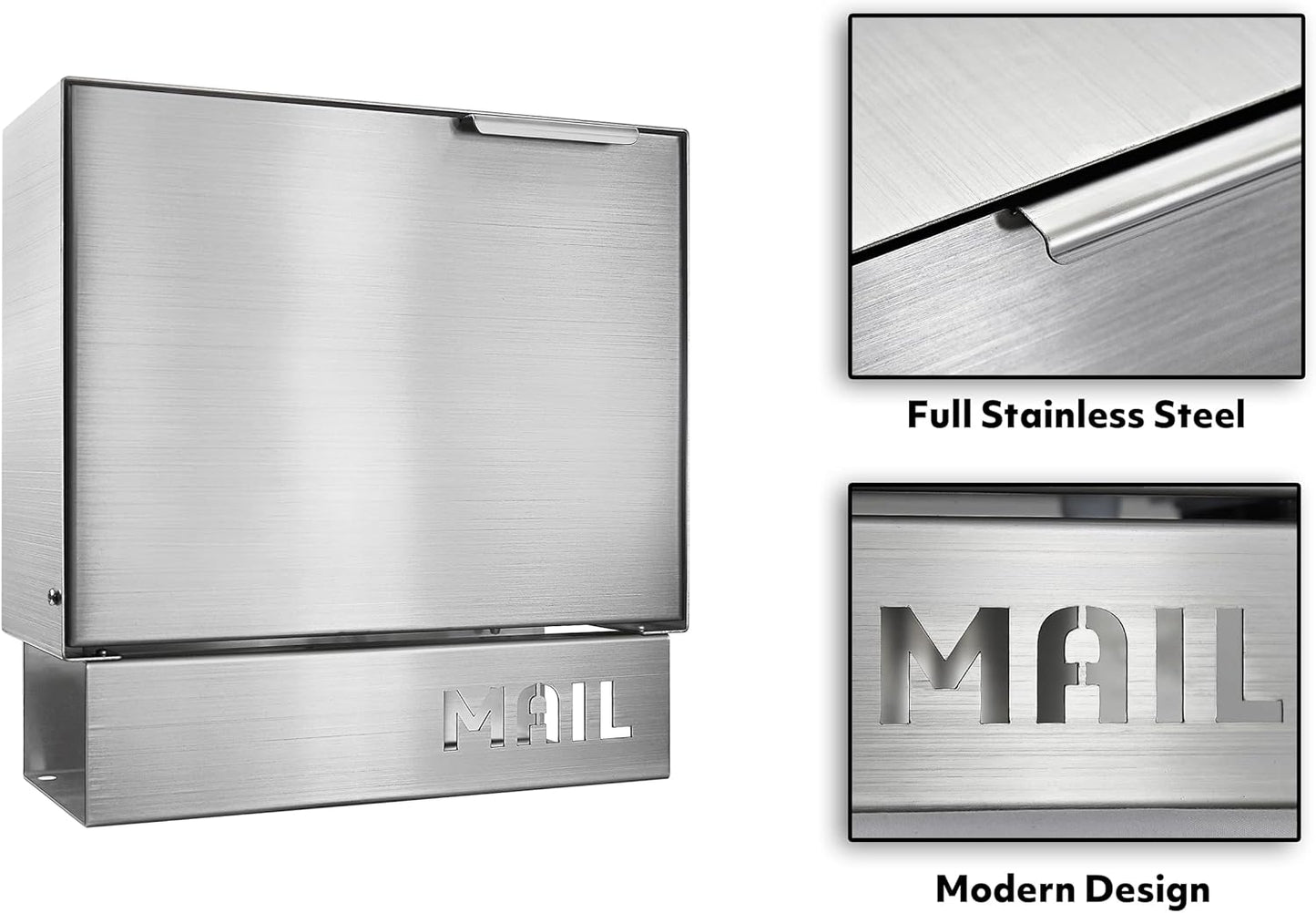 Pochar Stainless Steel Mailbox for Walls, Heavy Duty Wall Mounted Mailbox with Newspaper Holder - 11'' x 4.5'' x 11.50'' Silver Rust Proof Steel Dropbox(Silver)