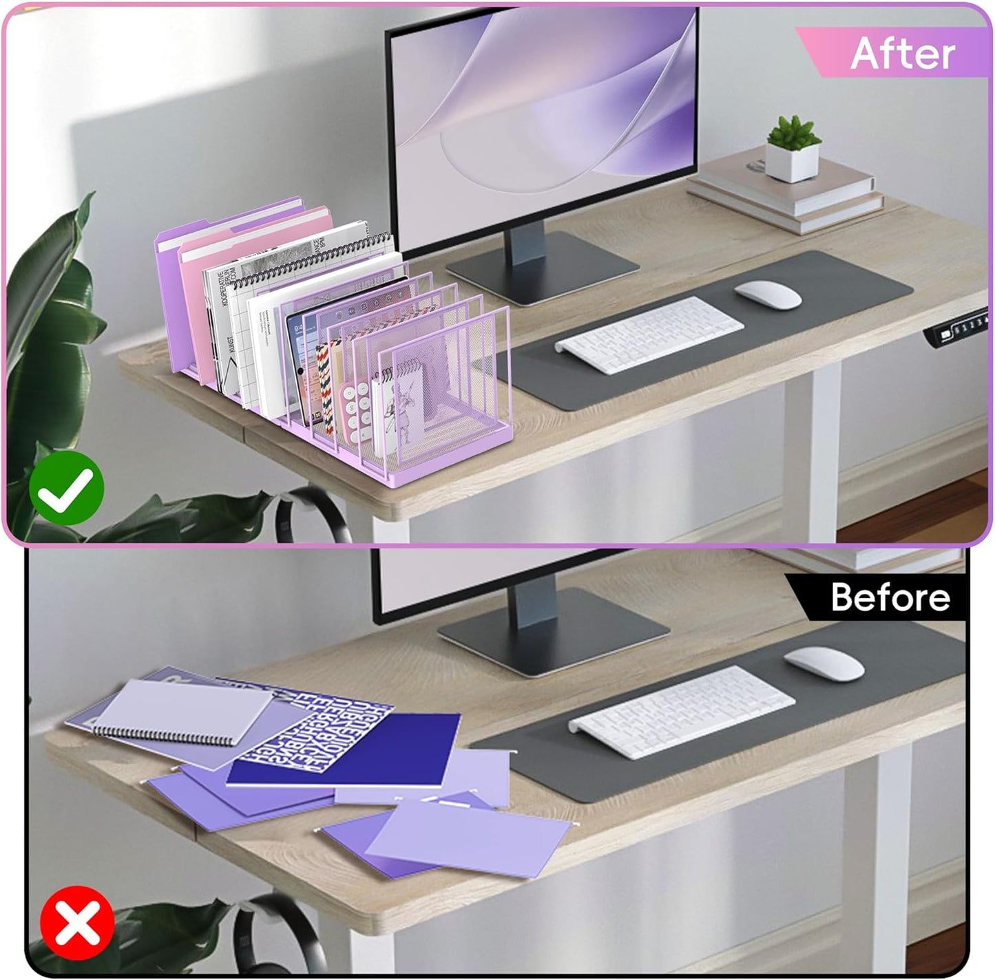 9-Section Desk File Organizer, Vertical File Holder, Mesh Desktop File Folder Metal File Organizer Stand for Office Home Classroom, Purple