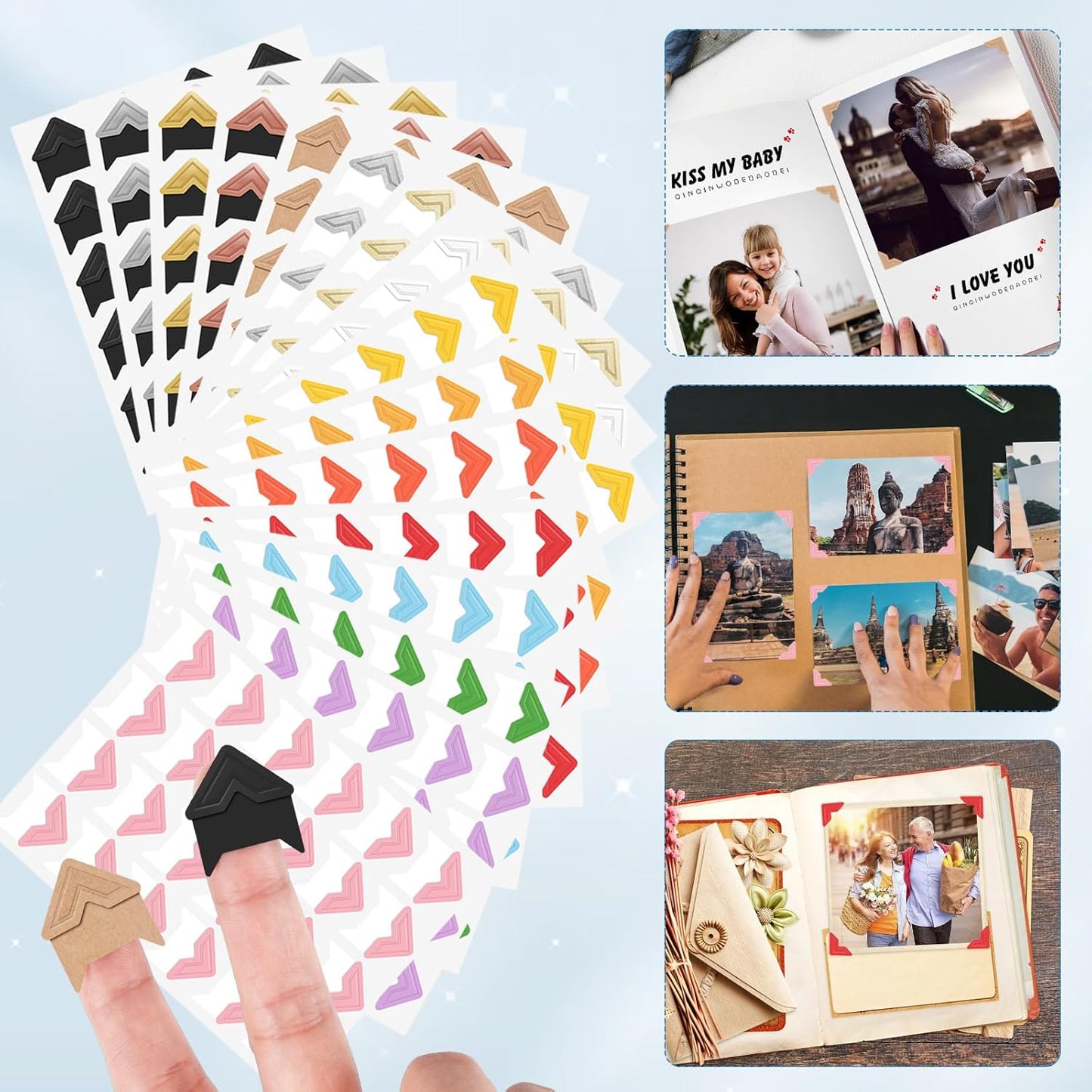 GOONAVI 15 Sheets 360 PCS Cowhide Photo Corners Notebook, Self-Adhesive Corners for DIY Album Journal, Corner Stickers for Trip Memory Book