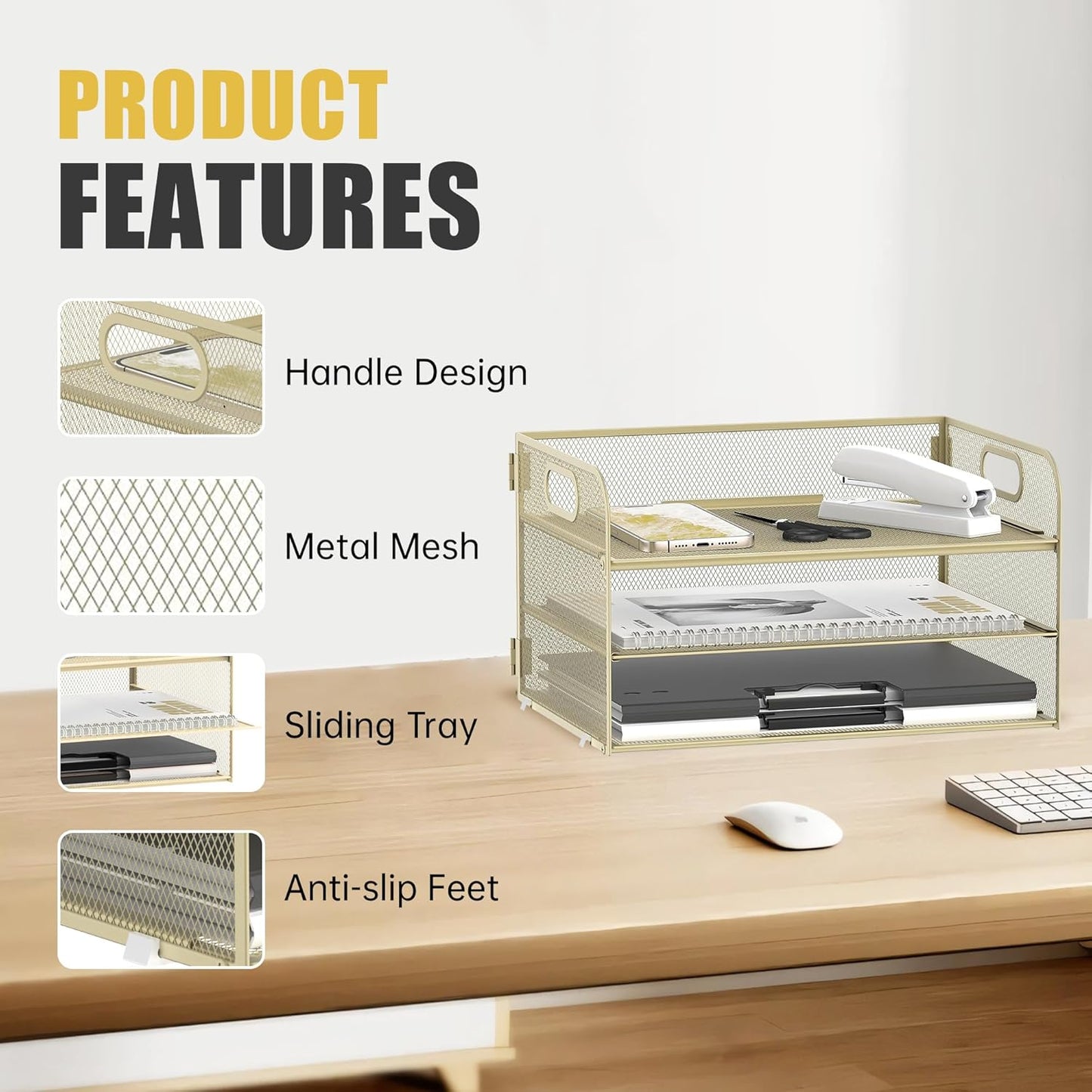 Daltack 3-Tier Paper Organizer with Handle, Mesh Desk Organizer Letter Tray, Paper Tray Organizer File Organizer for A4 File Folder, Golden Yellow