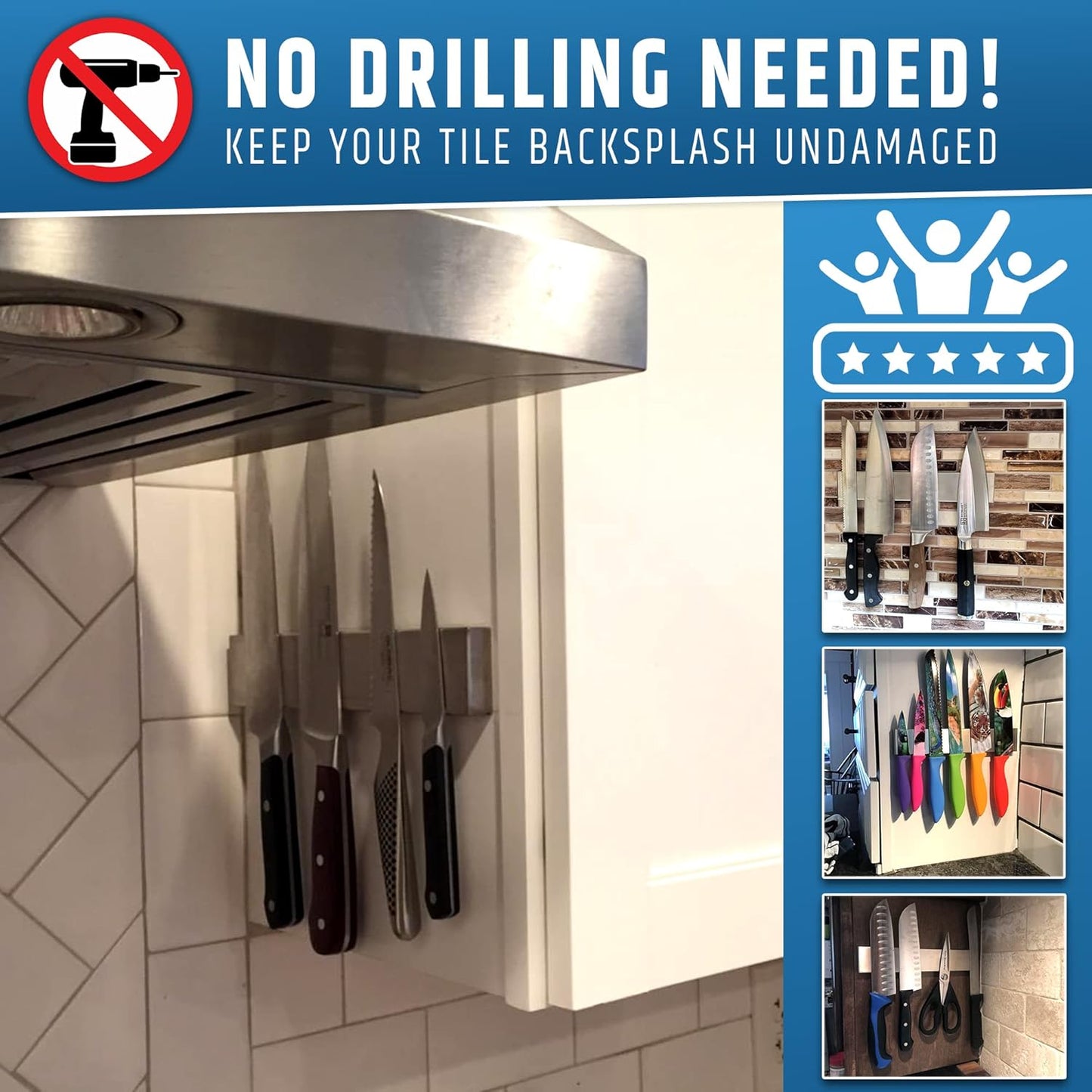 Strong Adhesive (No Drill) Magnetic Knife Holder for Wall - Professional 10 Inch Knife Strip - No Screws Needed - Adhesive Backing - Stainless Steel Bar (Upgraded Version – Will Not Fall)