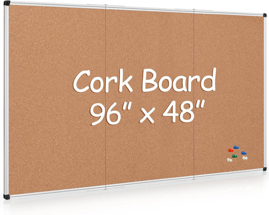 Board2by Extra Large Cork Bulletin Board 96" X 48", Foldable Notice Pin Board for Wall, Silver Aluminum Framed 8'x4' Corkboard, Wall Mounted Noticeboard with 36 Push Pins for School, Home & Office