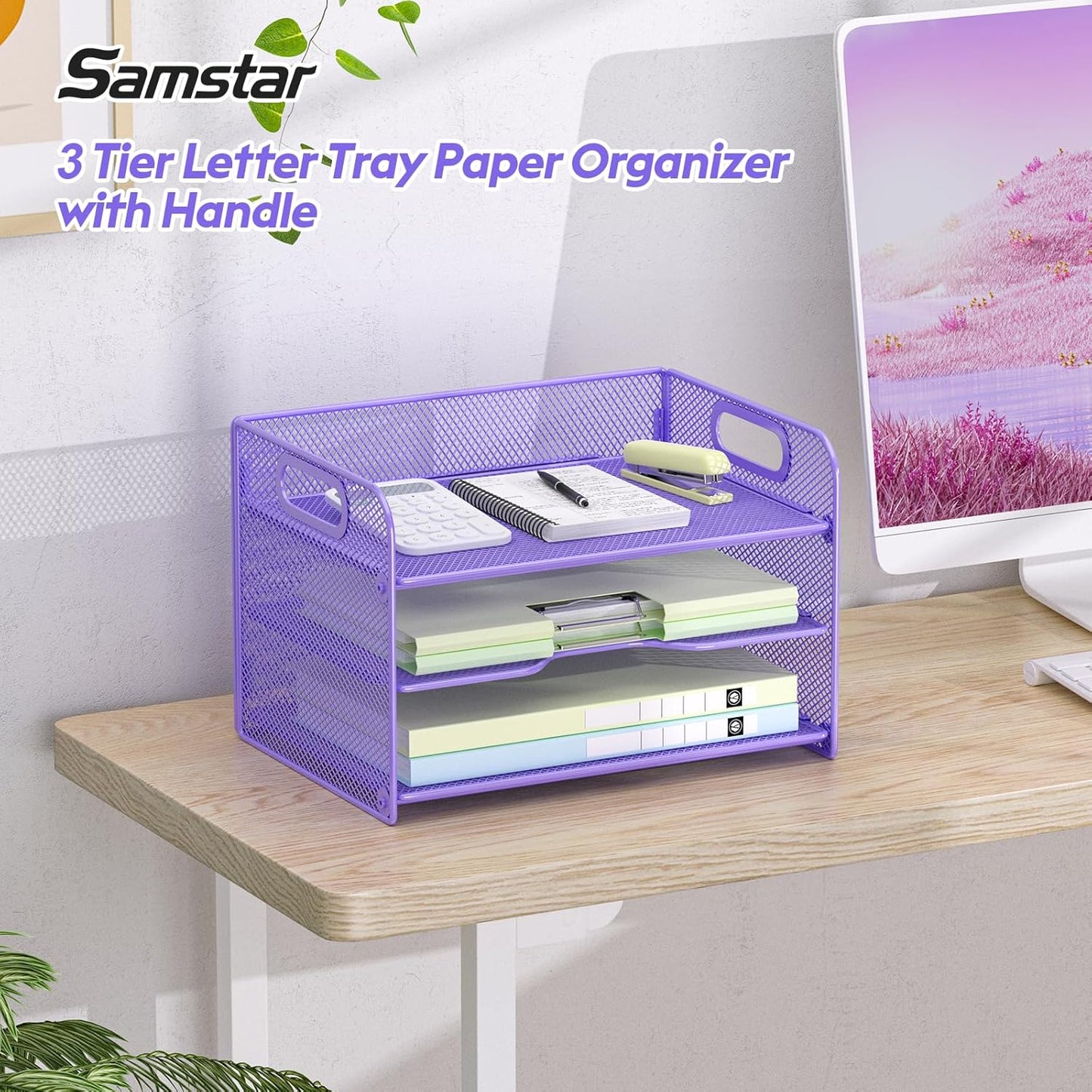 Samstar 3 Tier Purple Letter Tray Paper Organizer with Handle, Mesh Desk Organizer Paper Sorter File Rack Shelves, Purple