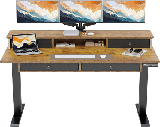 ErGear Electric Standing Desk with 4 Drawers, 63" x 30" Height Adjustable Desk with Storage, C-Clamp Mount Compatible, Computer Home Office Table with Cable Management Tray, Vintage Brown