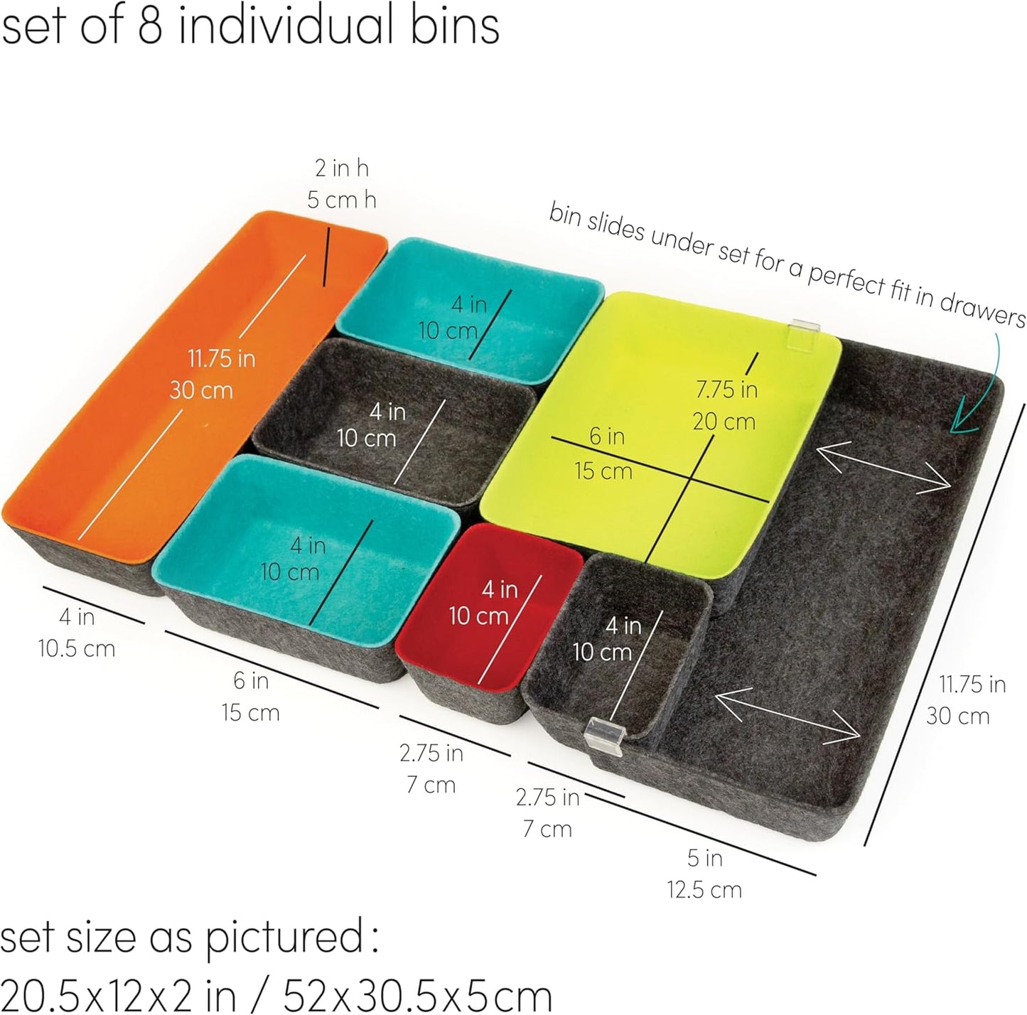 Three by Three Seattle Felt·Like·It! Felt Bins for Office, Crafts, Classroom, Living Room, Bedroom: Includes Expandable Sliding Bin for Custom Fit, Multicolor, Set of 8
