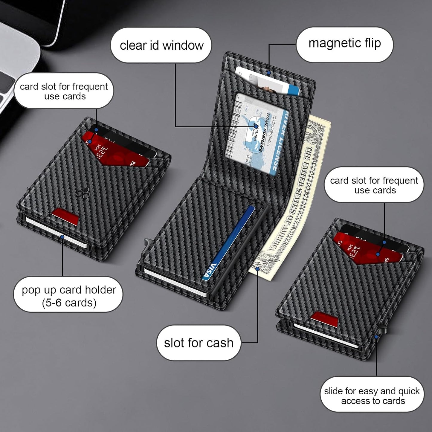 Wallet for Men Wallet with Slim Pop Up Card Holder for 12-14 Cards, RFID Blocking Bifold Minimalist Smart Wallet, Credit Card Holder with ID Window & Cash Slot, Compact Metal Card Case, Gifts for Men