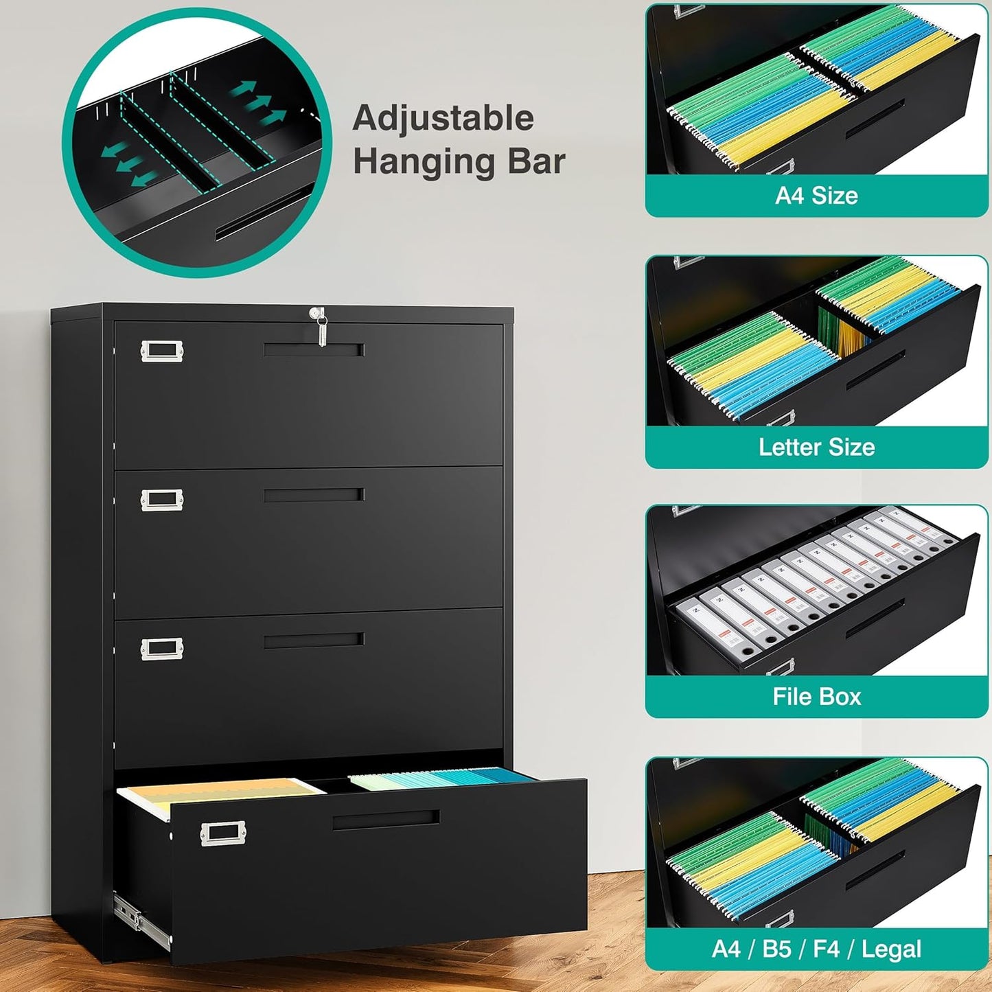 SISESOL 4 Drawer Lateral File Cabinet with Lock,Black Lateral Filing Cabinet,Horizontal Metal Filing Cabinets,Locked Wide Four Drawer File Cabinets for Office Home,Fit A4/F4/Letter/Legal File
