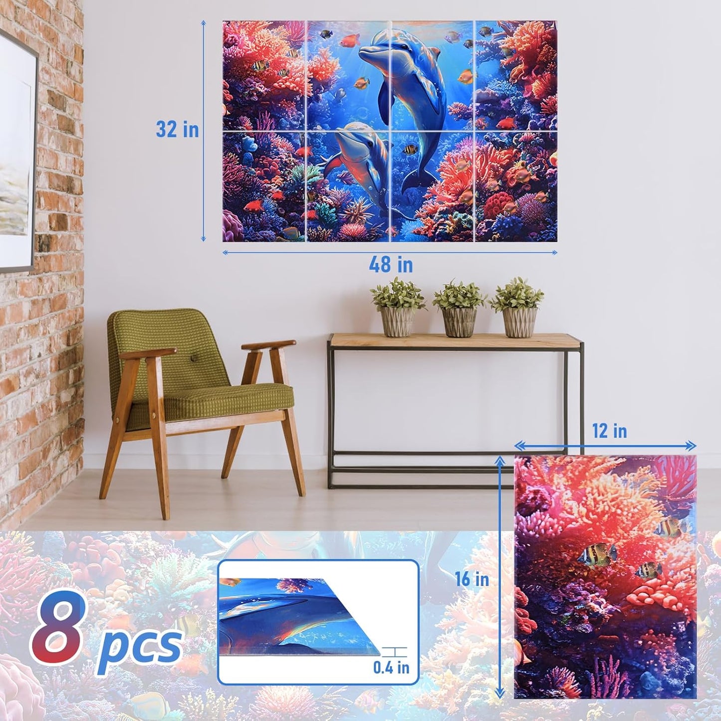 8 Pack Acoustic Panels,48"X32" Soundproof Wall Panels, Self Adhesive Sound Absorbing Wall Art,Decorative Sound Dampening Panels, Art Acoustic Treatment for Studio, Bedroom, Office(Dolphin)