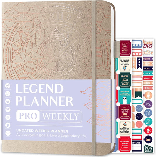 Legend Planner PRO – Deluxe Weekly & Monthly Life Planner to Increase Productivity and Hit Your Goals. Time Management Organizer Notebook – Undated – 7 x 10" Hardcover + Stickers – Seashell