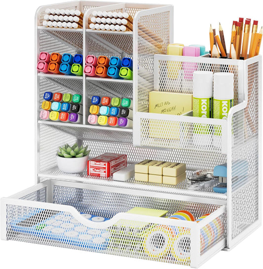 Marbrasse Mesh Pen Holder for Desk, Multi-Functional Pencil Organizer with Drawer, Desk Organizers and Accessories for Office Art Supplies (White)