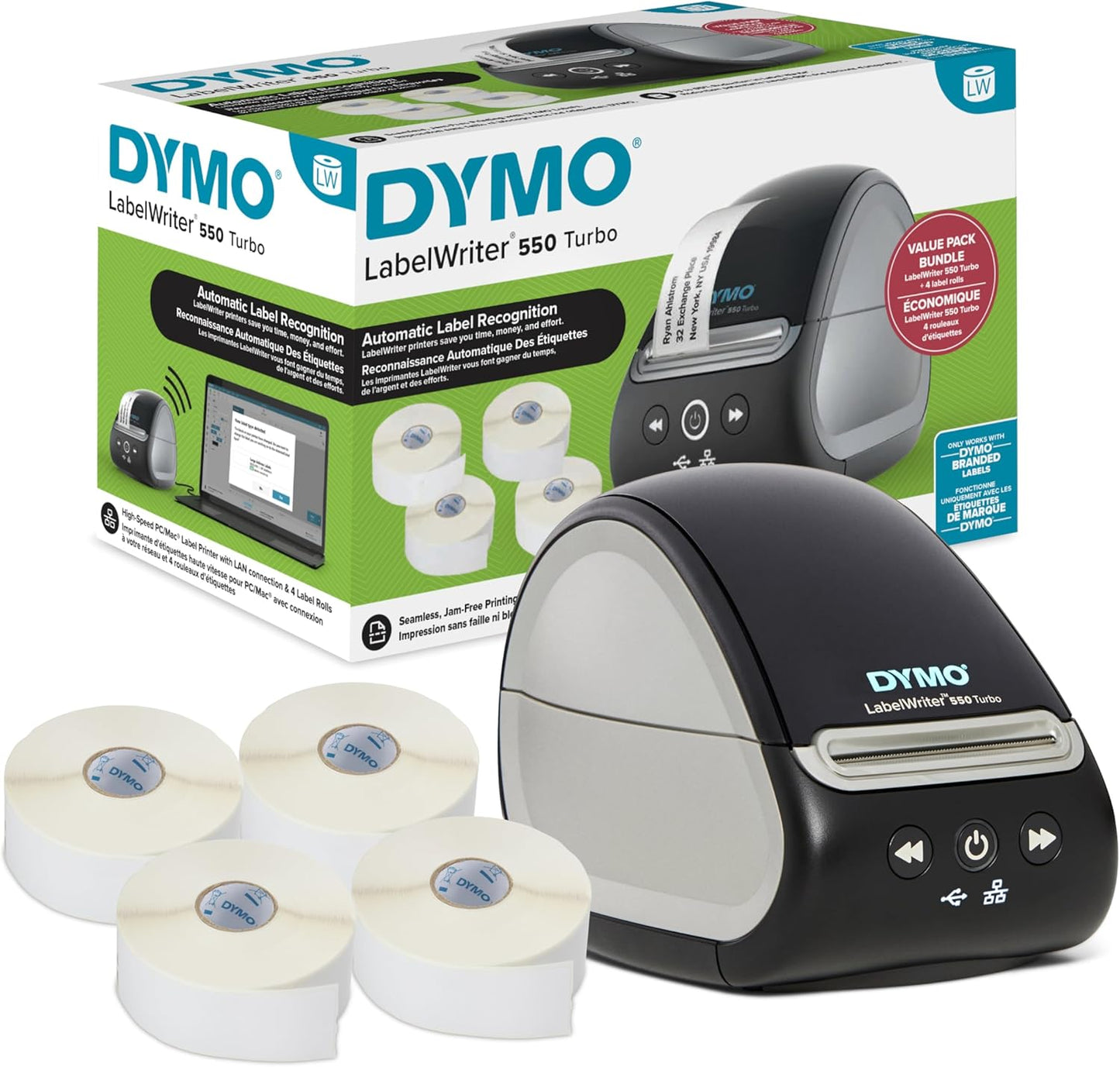 DYMO LabelWriter 550 Turbo Label Printer Bundle Label Maker with Direct Thermal Printing Automatic Includes Address Labels Multipurpose Labels Durable Multipurpose