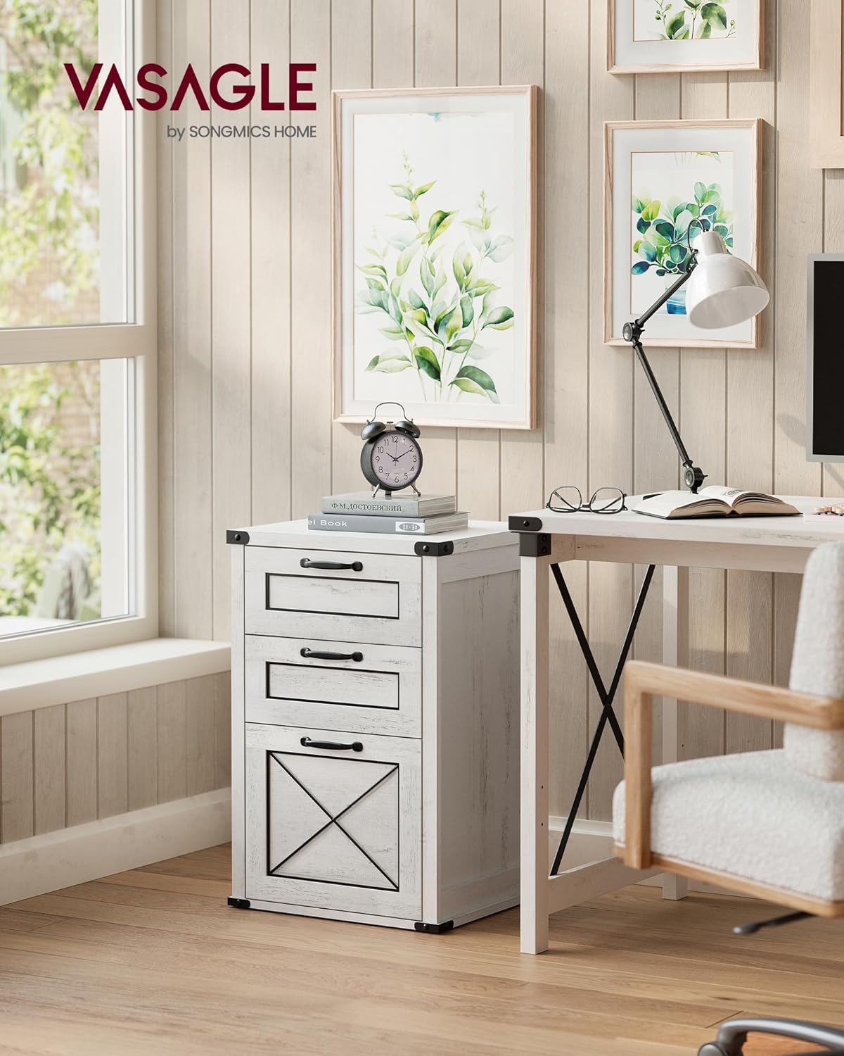 VASAGLE File Cabinet, Filing Cabinet with 3 Drawers, Printer Stand, Fit A4, Letter Size, Hanging File Folders, Modern Farmhouse Style, for Home Office, Rustic White UOFC054T73