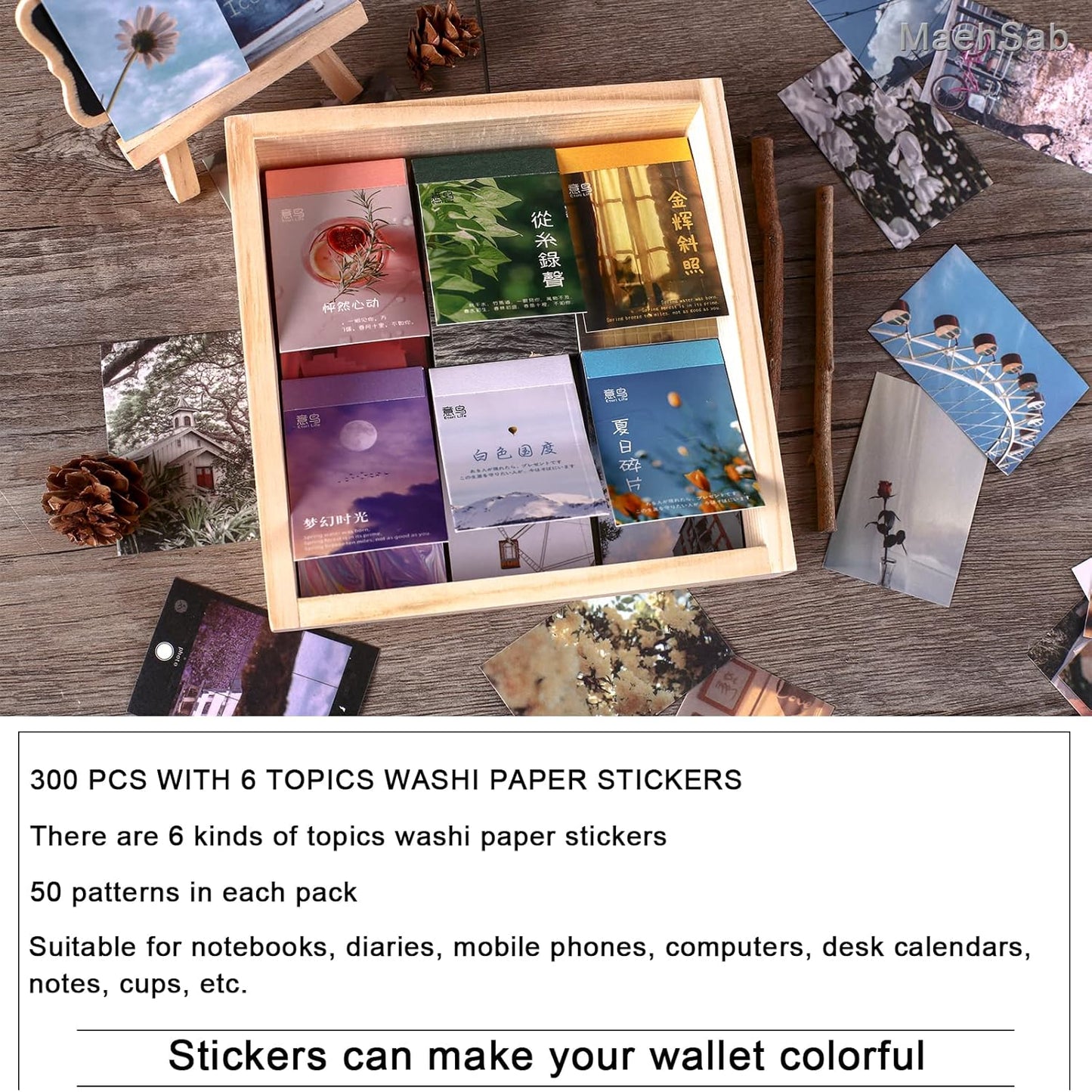 300 Pieces Washi Paper Stickers Set, MaehSab Vintage Aesthetic Scenery Daily Nature Life Travel Adhesive Stickers Notes for Scrapbook Journaling Stamping Notebook Diary Craft Album Making(6 Topics)
