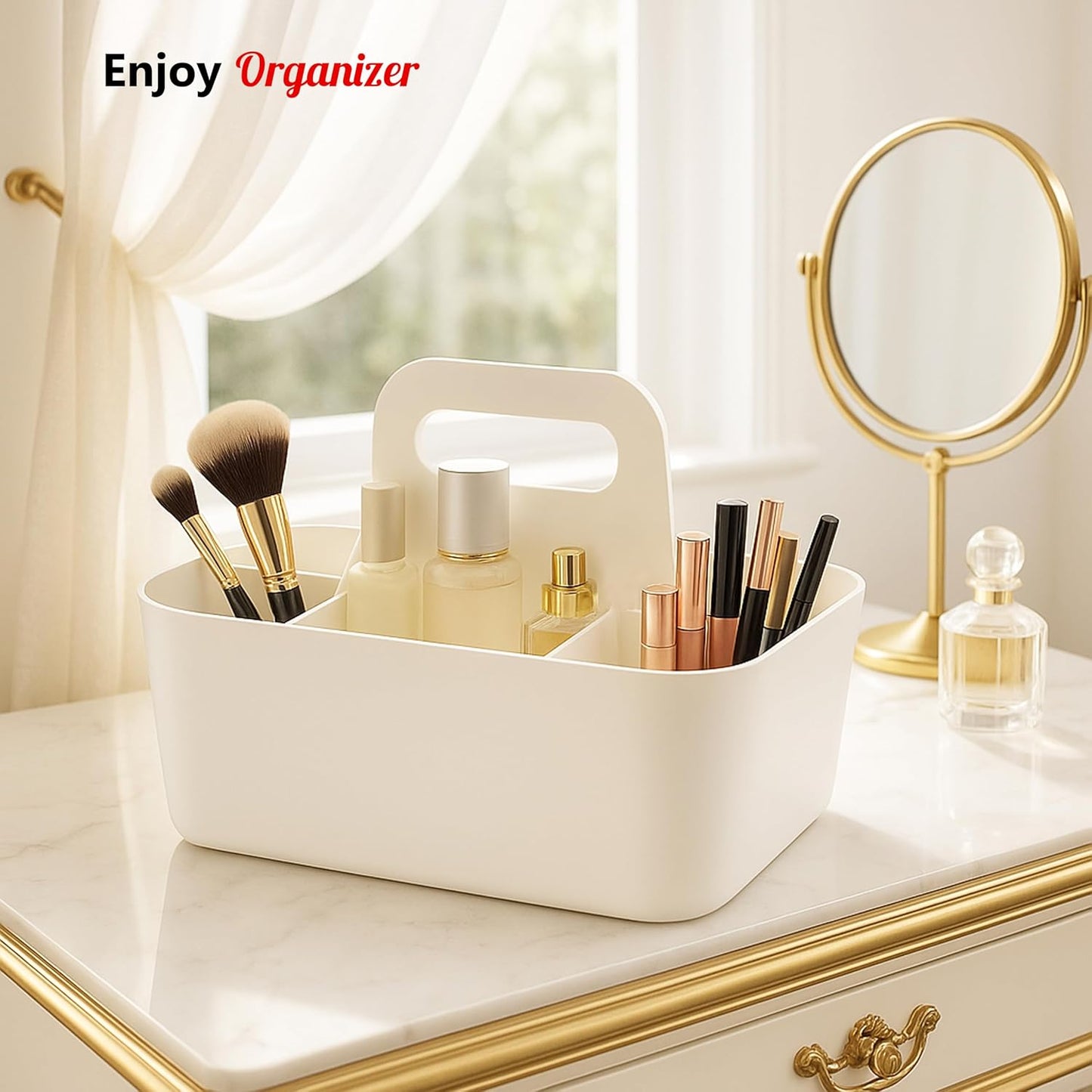 Small Stackable Plastic Caddy with Handle 6 Compartment | Desk, Makeup, Dorm Caddy, Classroom Art Organizers - 4 Pack, Made In USA (Ivory)