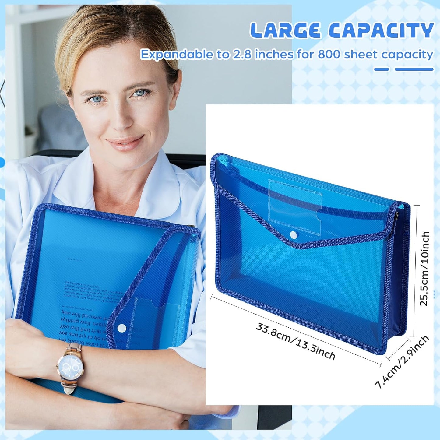 4 Pack A4 Expanding Plastic File Folders Waterproof Document Organizer with Snap Button Multiple Pockets, Office Home Office Storage (Blue)