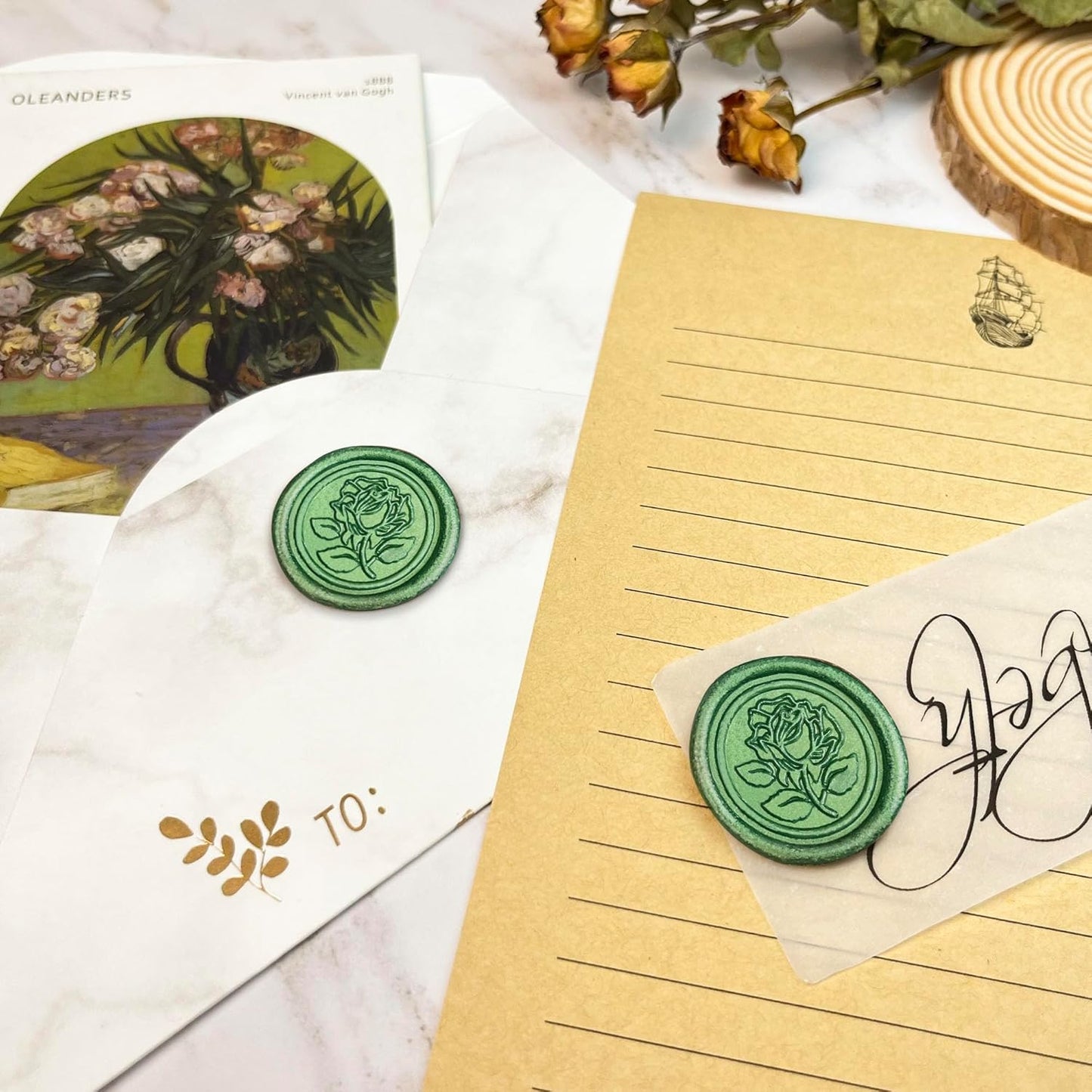 25Pcs Wax Seal Stickers Handmade Envelope Seals Self Adhesive Wax Stickers for Wedding Party Invitations, Envelope, Gift Wrap, Christmas(Rose Style, Green)