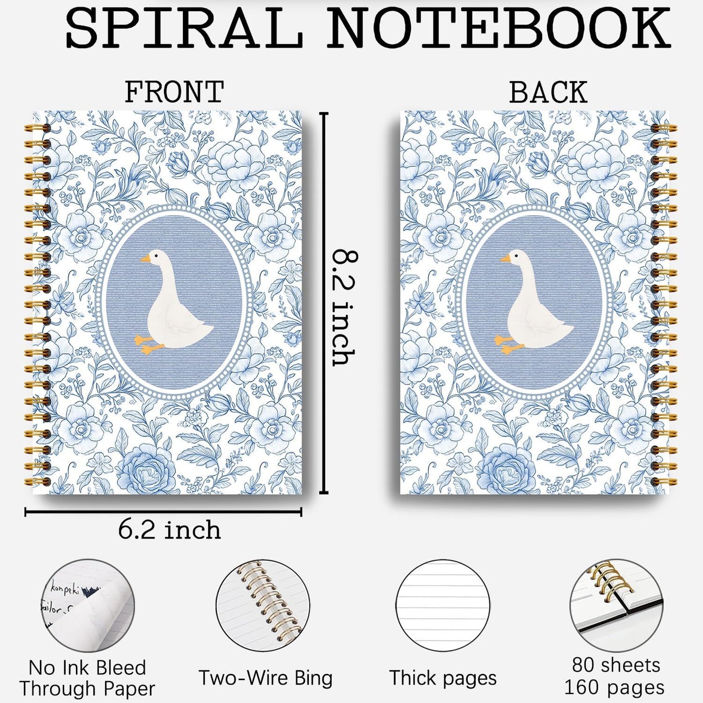 Guymn Blue and White Chinoiserie Goose Notebook, Grandmillennial Floral Goose Journal for Kids Girls, Geese Animal Lover Gifts Hardcover Spiral Notebooks Journals 5.5x8.3 Inch