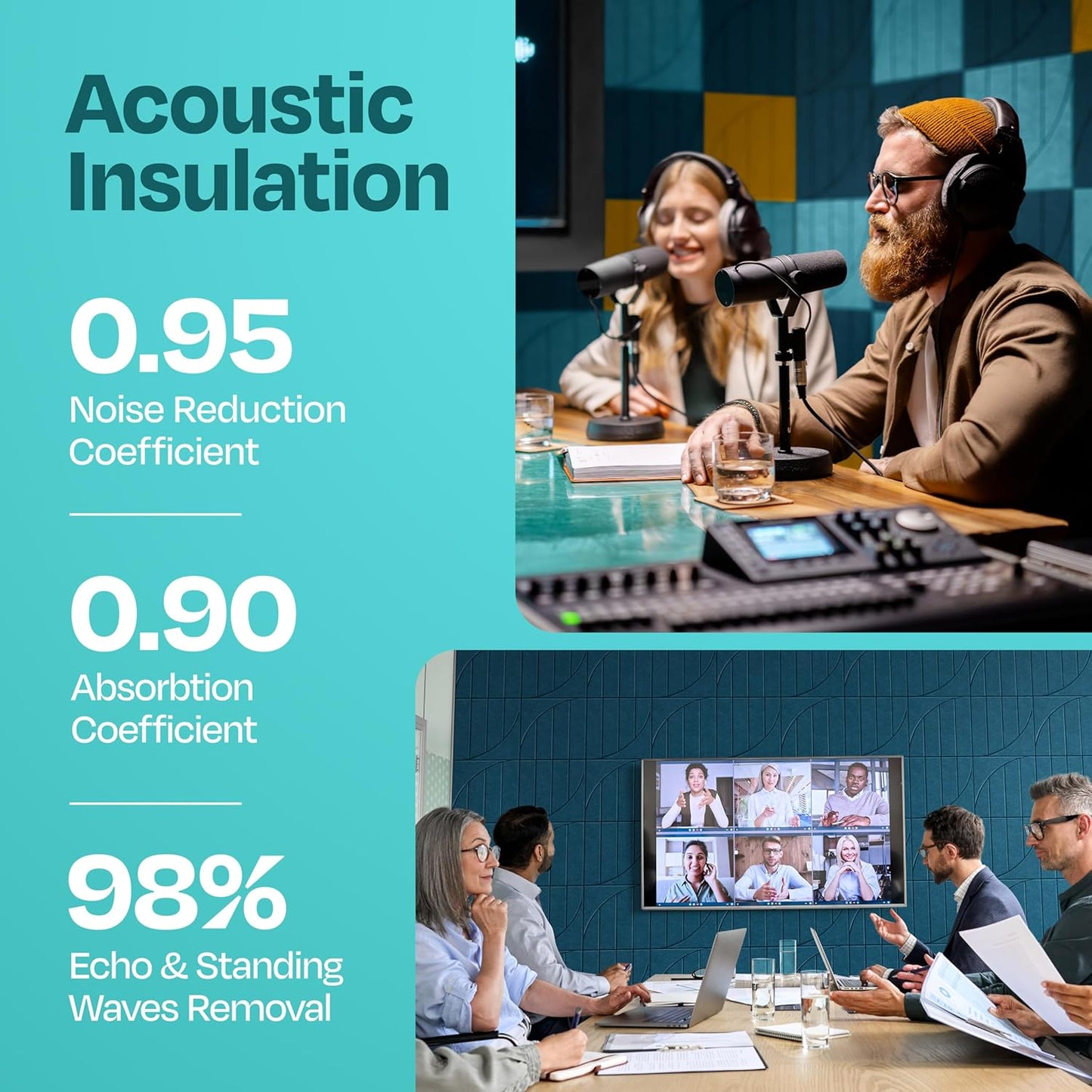 Acoustic Panels 12-Pack Soundproof Wall Panels 12"x12"x0.4" Decorative Sound Dampening for your Home, Office, Studio, Bedroom & More with Unique ModuArc Carving [Ocean Turquoise]