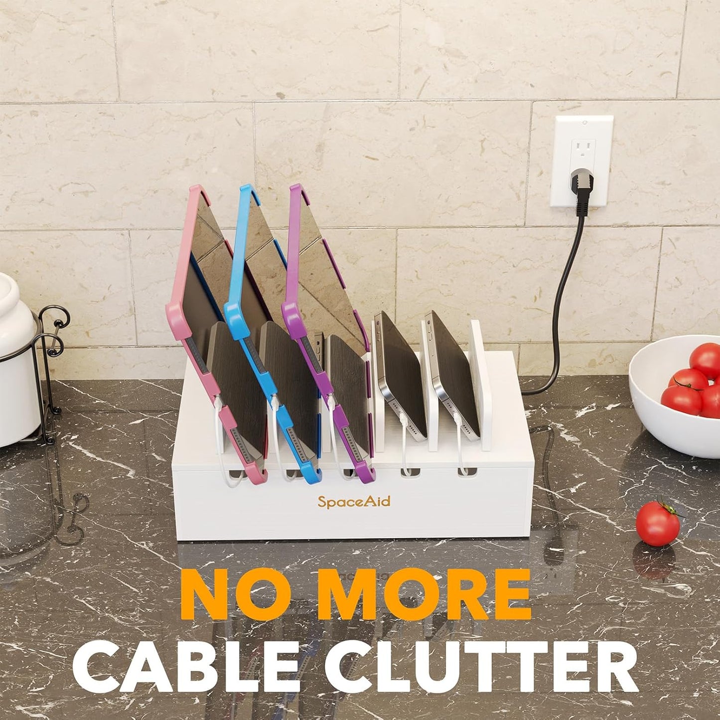 SpaceAid Bamboo Charging Station for Multiple Devices, Cell Phone Docking Stations for Multi Laptop, Tablets and iPads, Nightstand Bedside Desk Device Charger Organizer (White)