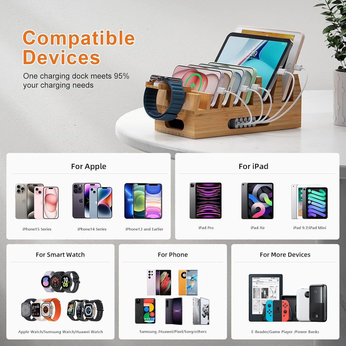 Pezin & Hulin Bamboo Charging Station Holder with 5 Port USB Charger, 5 x Charge Cables, Watch Stand, Wood Docking Stand Electronic Organizer for Multiple Devices, Phones, Tablets and More