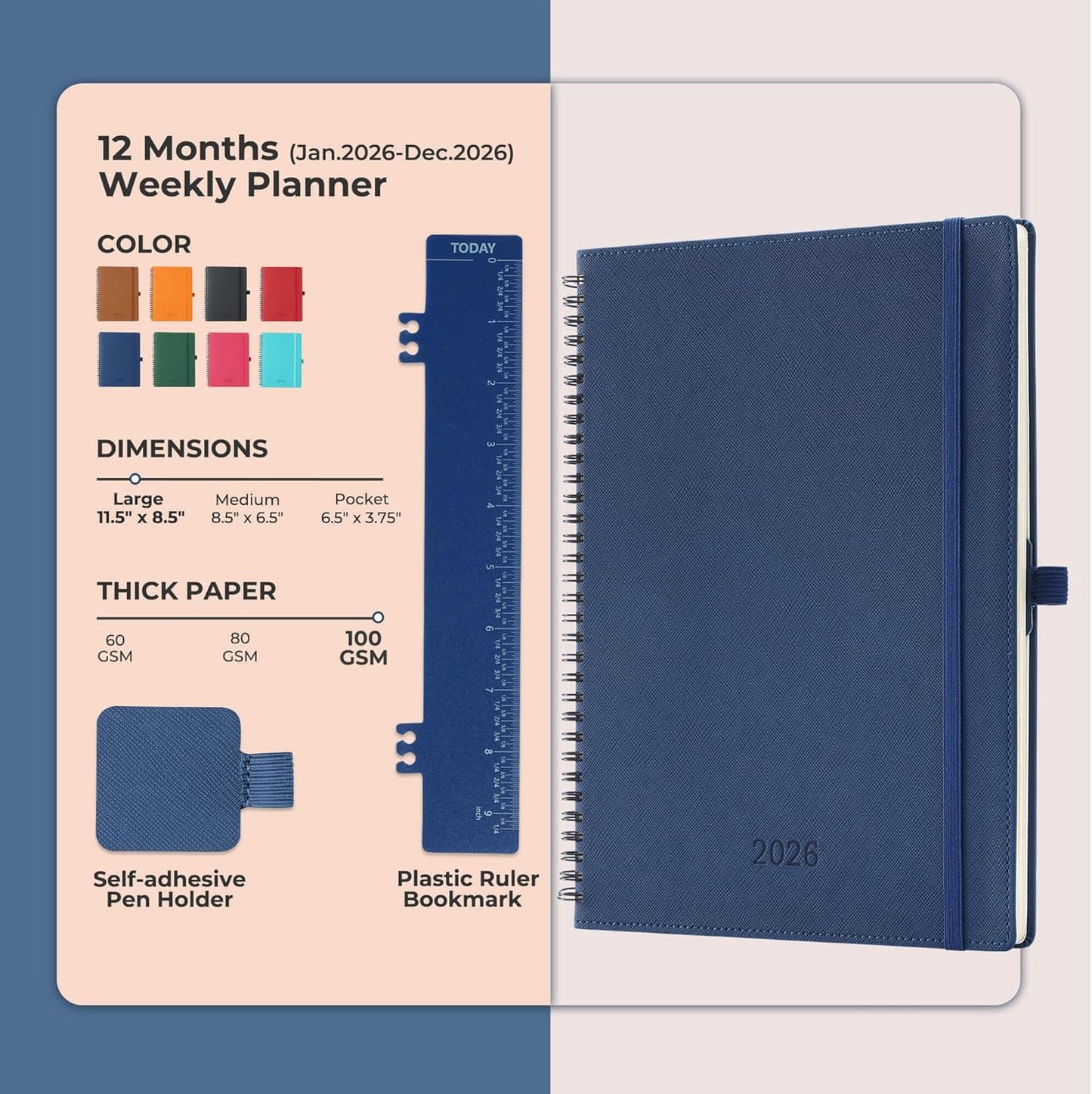 Planner 2026 Daily Weekly and Monthly,11.5"x8.5",12 Months Spiral Bound Calendar Agenda with Self-adhesive Pen Holder,2026 Appointment Book with Vegan Leather Soft Cover,Blue