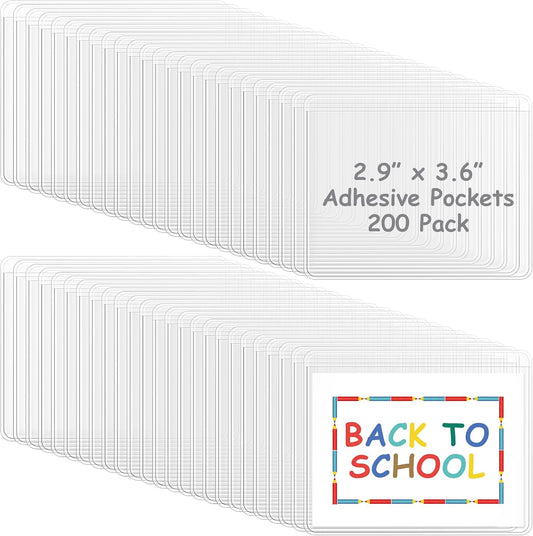 Jeyiour 200 Pcs Label Holders Adhesive Nameplate Pockets Storage Bin Labels Index Card Holder Shelf Plastic Peel Stick for Classroom Supermarket Bookshelf Library Student Box Drawer (2.9 x 3.6 Inch)