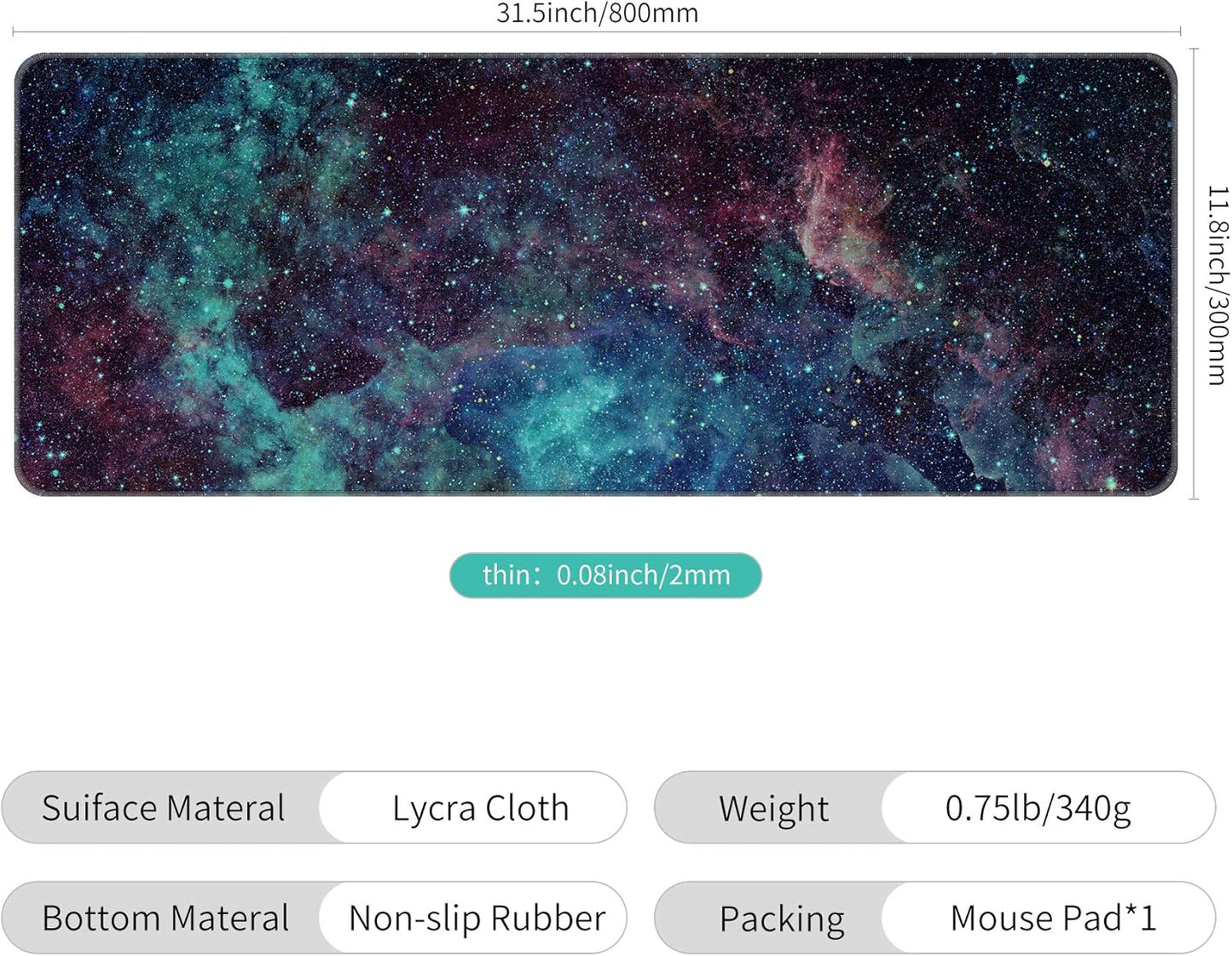Dynippy Thin Extended Gaming Mouse Pad （31.5 * 11.8 * 0.08 inch） with Stitched Edges Large , Long XXL Keyboard and Mouse pad Desk Mat for Gaming Office & Home - Galaxy Space