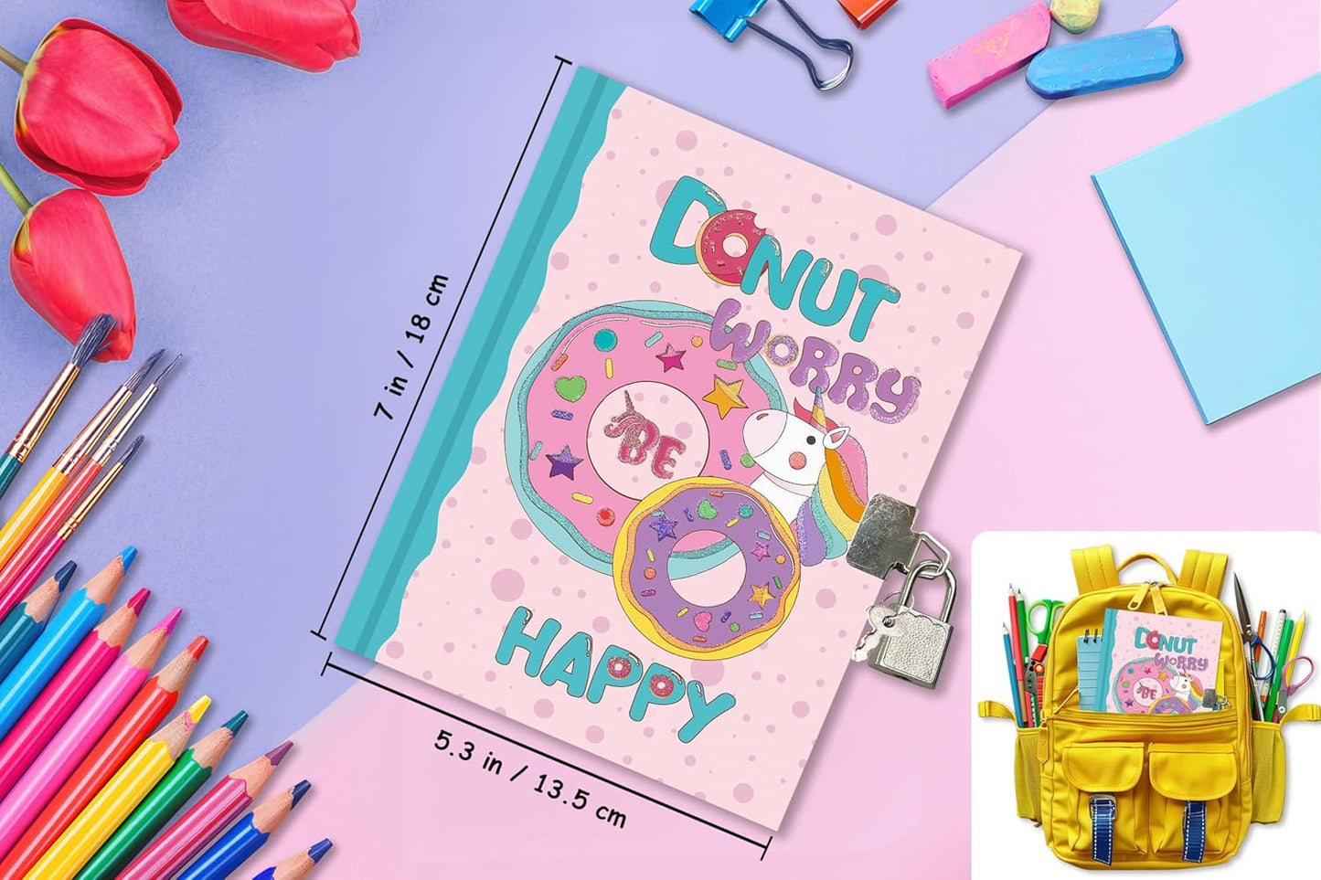 Girls Diary with Lock for Kids, 7x5.25 Inches 160 Lined Pages Secret Pink Doughnut Notebook for Girls Journal with Lock for Kids Pre School Writing Drawing Cute Girls Gifts for Birthday