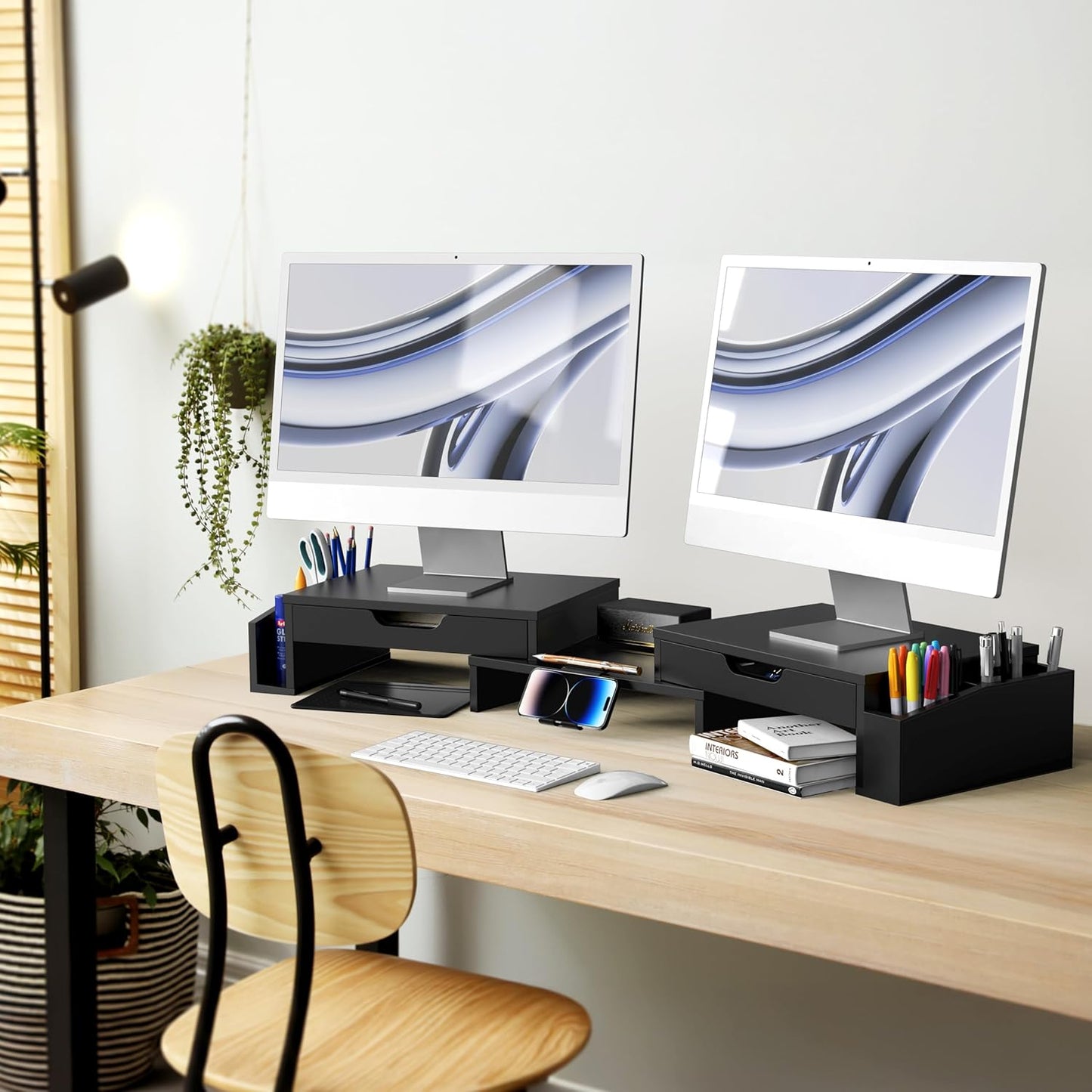 Simple Houseware Desk Dual Monitor Stand Riser with Pull-Out Drawers, Black