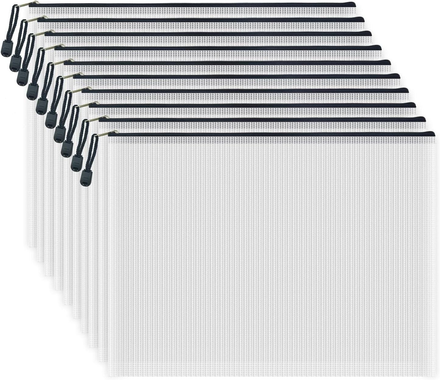 AUSTARK 10 Pcs Zipper File Bags, Waterproof Plastic Mesh Pouch for Office School, Board Game Storage Bags (B4 Size 15''x11'', White and Black)
