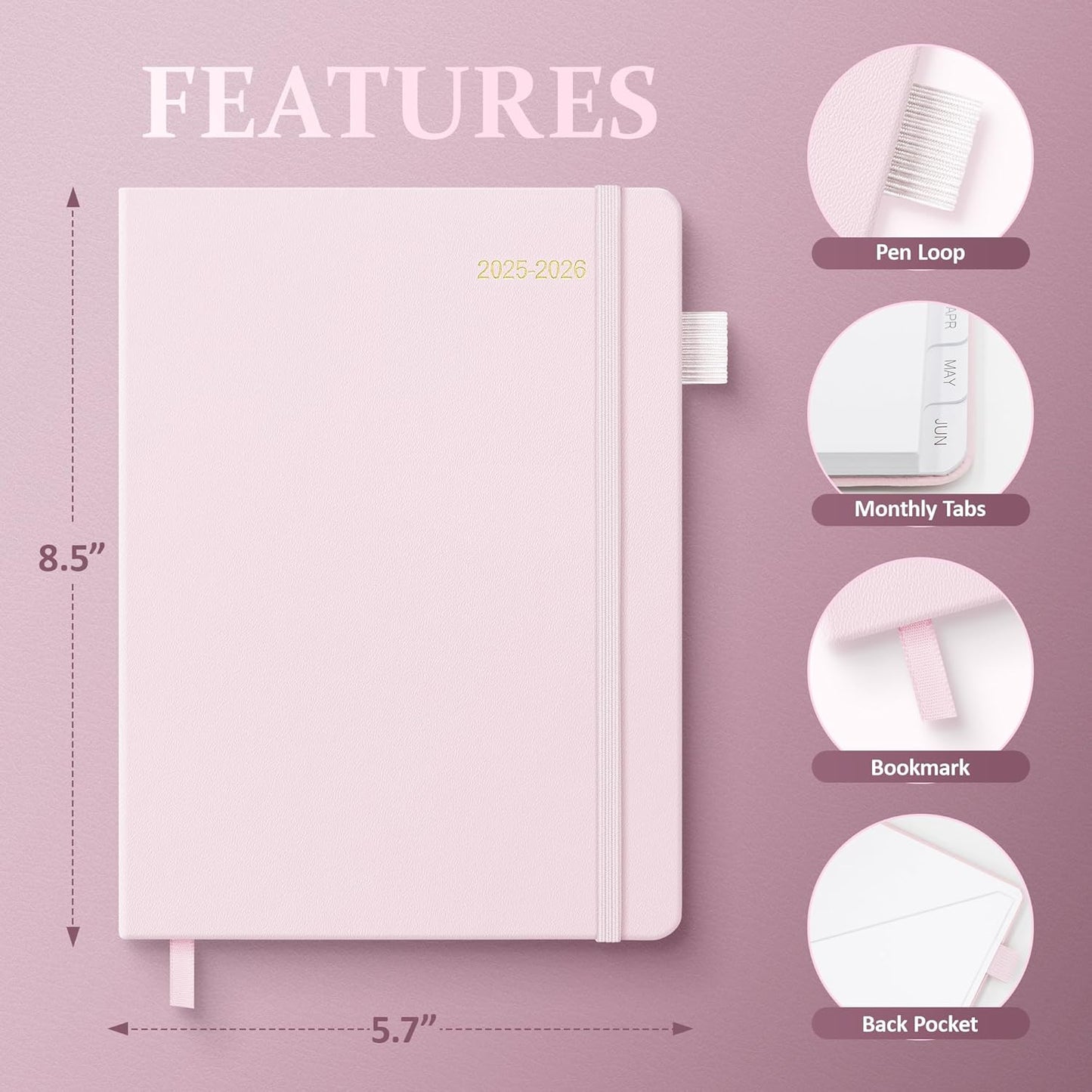 2025-2026 Planner for Women, Lather Weekly & Monthly Organizer, July 2025-June 2026, Hardcover with Gold Foil, Tabs, and Inspirational Pages - Ideal for Professionals, Pink
