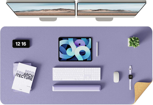 YSAGi Double-Sided Desk Pad, Leather Desk Mat, Eco Cork Desk Pad Protector, Large Mouse Pad for Desk, Waterproof Desk Blotter Pad, Desk Writing Pad for Office Work/Home (Purple+Cork, 47.2" x 23.6")